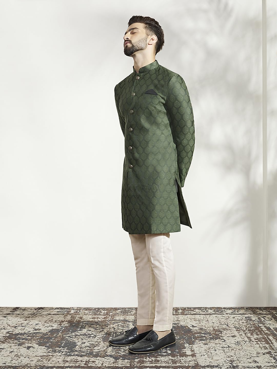 KISAH Men's Indo-Western Sherwani Trouser Set, Olive Silk Blend, Woven Design Regular Fit Mandarin Collar Long Sleeves (XL)