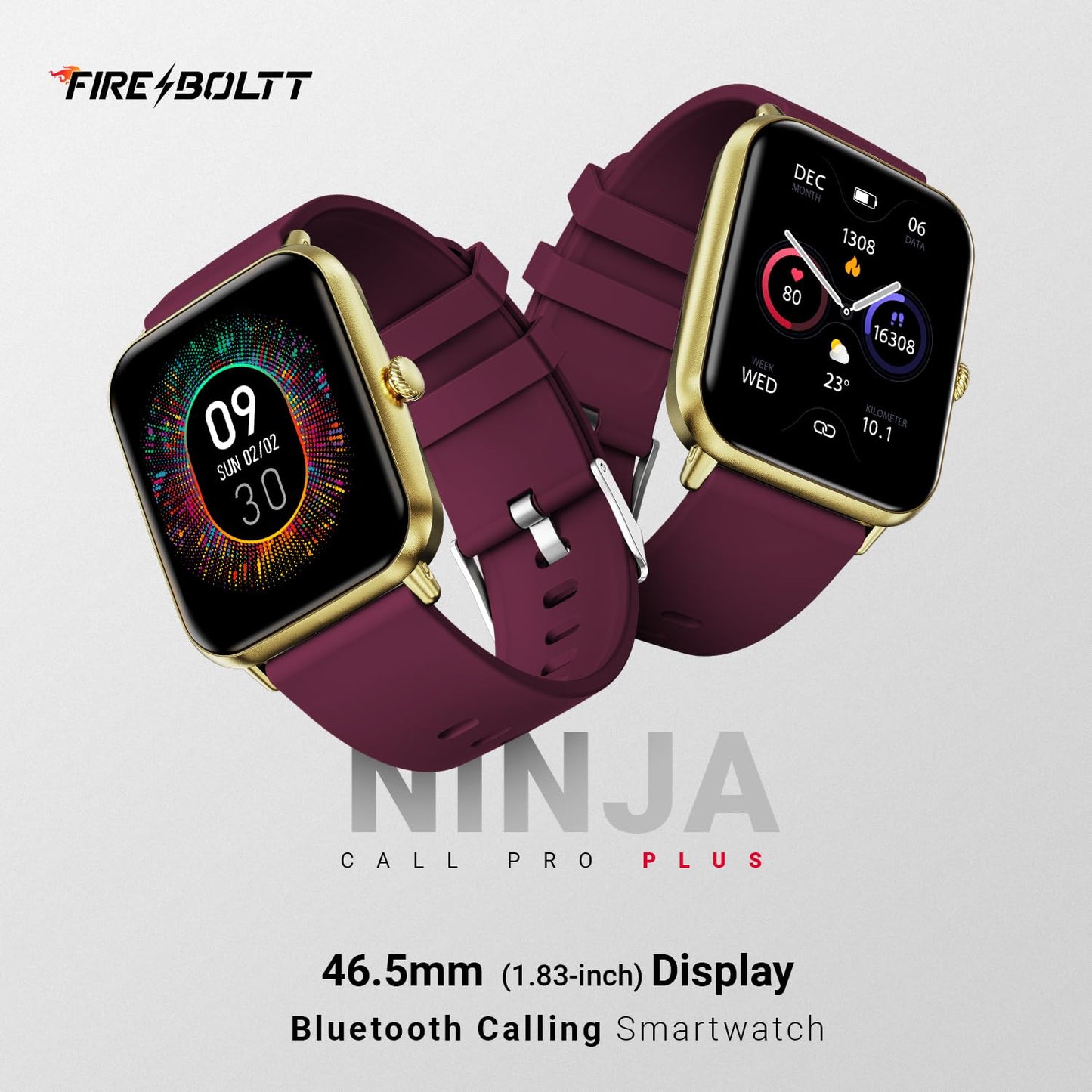 Fire-Boltt Ninja Call Pro Plus Bluetooth Calling Smart Watch, 1.83″ HD Display, AI Voice Assistant, 120+ Sports Modes, IP67 Waterproof, SpO2 & Heart Rate Monitor Smartwatch for Men & Women - Wine