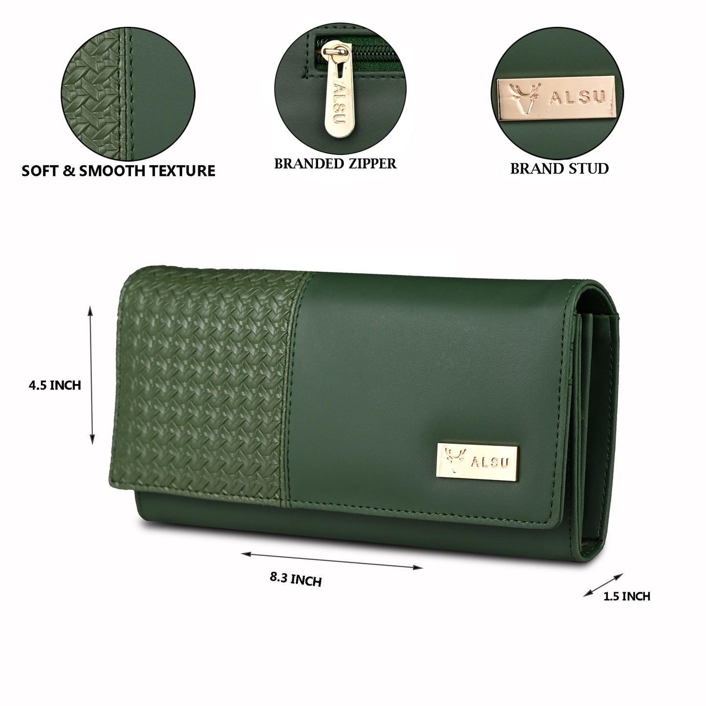 ALSU Women's Faux Leather Hand Wallet Clutch Trendy | 6 Card Slots | Phone Pocket | Zipper Pockets| Hand Purse (Green)