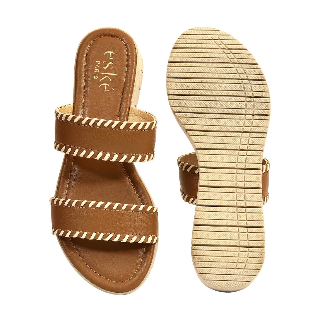 eske Yoda Women’s Leather Slide Sandals – Soft Cushioned Insole – Woven Double Strap Slip-On Flats – Comfortable Daily Wear Sandals for Women – TPR Outsole