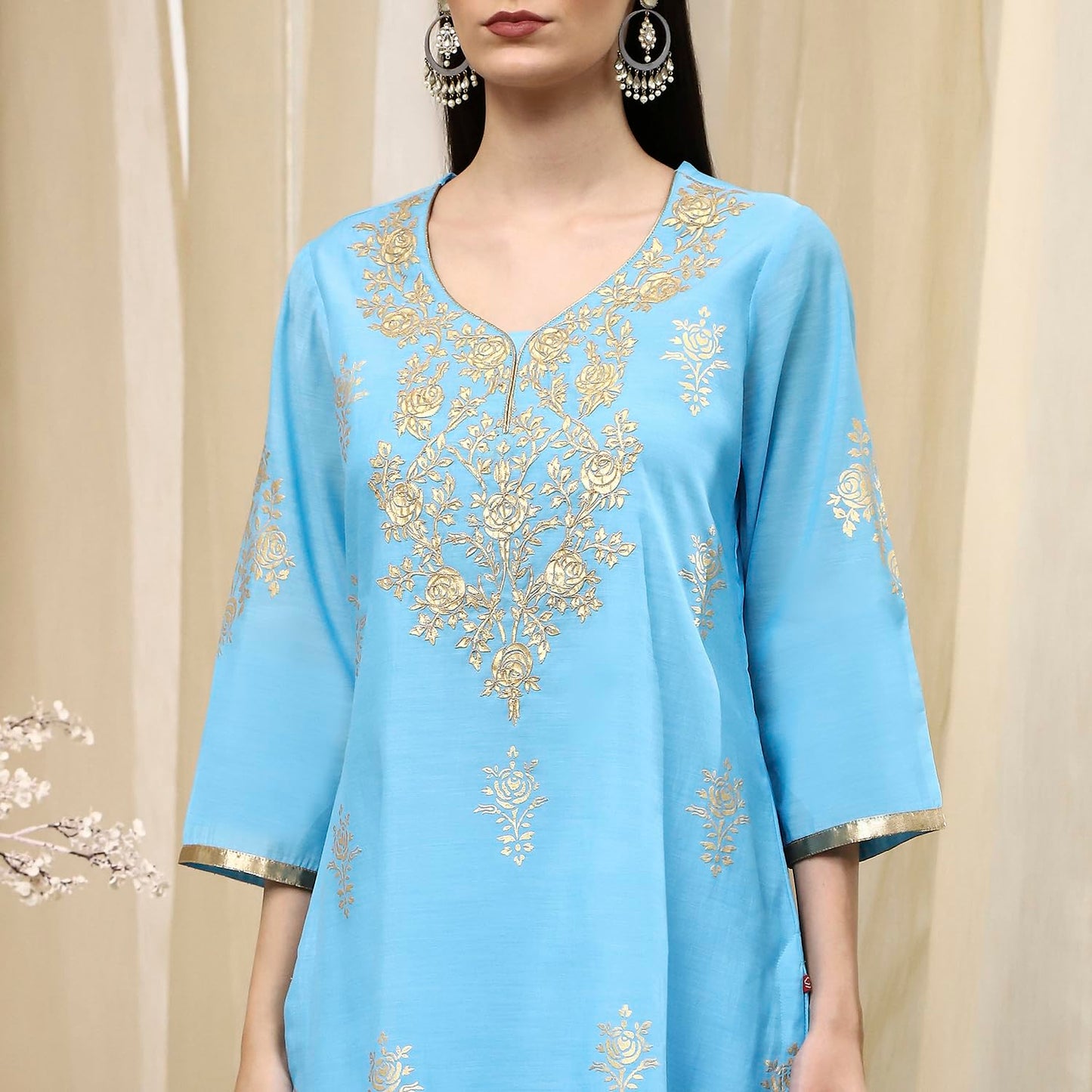 Biba Women's Poly Chanderi Kurta Set (SKDASRT7716ESS25BLU_Blue