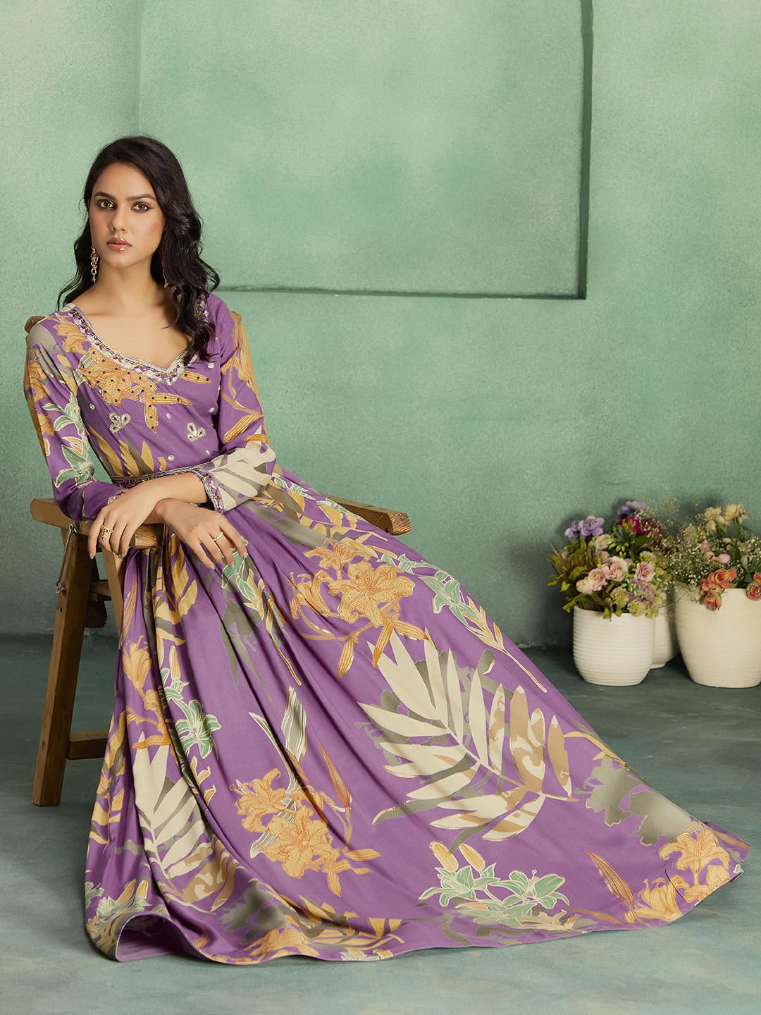 madhuram textiles Women's Rayon Print with Hand Embroidery Work Anarkali Long Gown(M-2543 Pink_4X-Large)