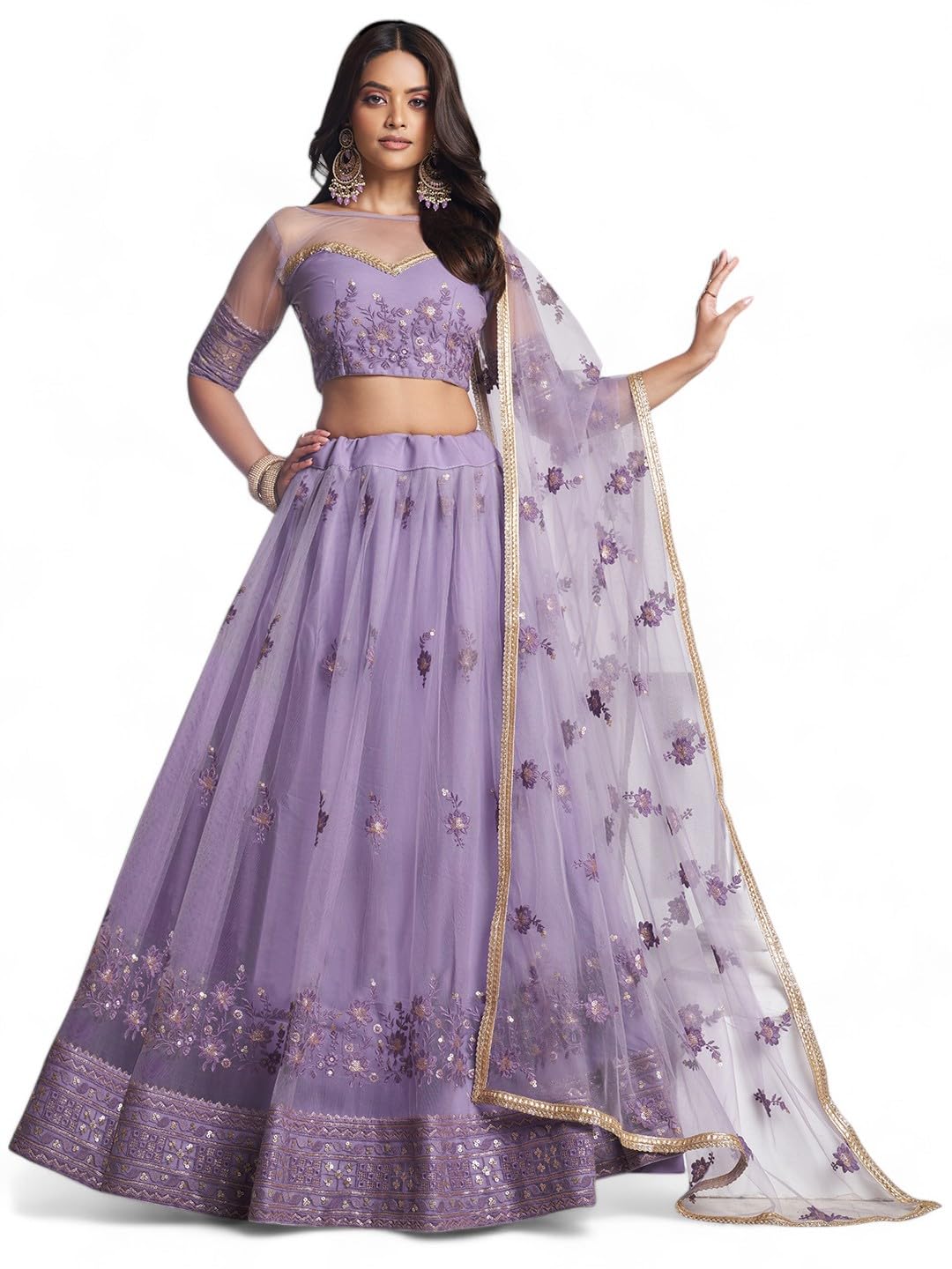 Zeel Clothing Women's Cotton Thread Sequins Work Embroidery Soft Net Readymade Lehenga Choli Set With Dupatta (Nfh-2202-Lavender-Women-Lehenga-Choli-Latest; Free Size)
