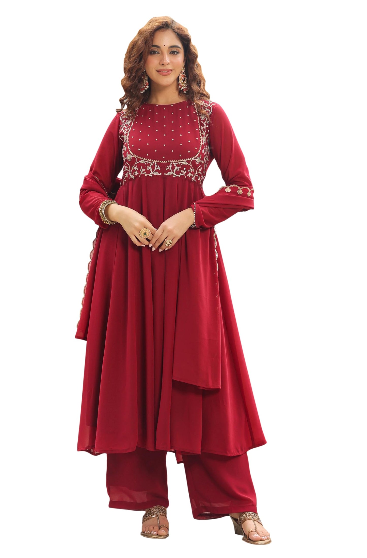 Janasya Maroon Embroidered Kurta with Palazzo & Dupatta for Women Georgette Fabric Latest Fashion
