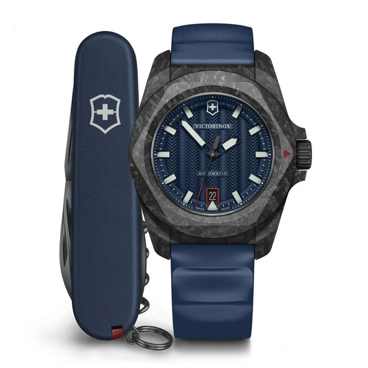 Victorinox I.N.O.X. Automatic, Swiss Made Men's Watch | Carbon Case, Blue Dial, 41 mm, 200M Water Resistant, Blue Rubber Strap, Sellita SW 200-1 Movement | 242022.1