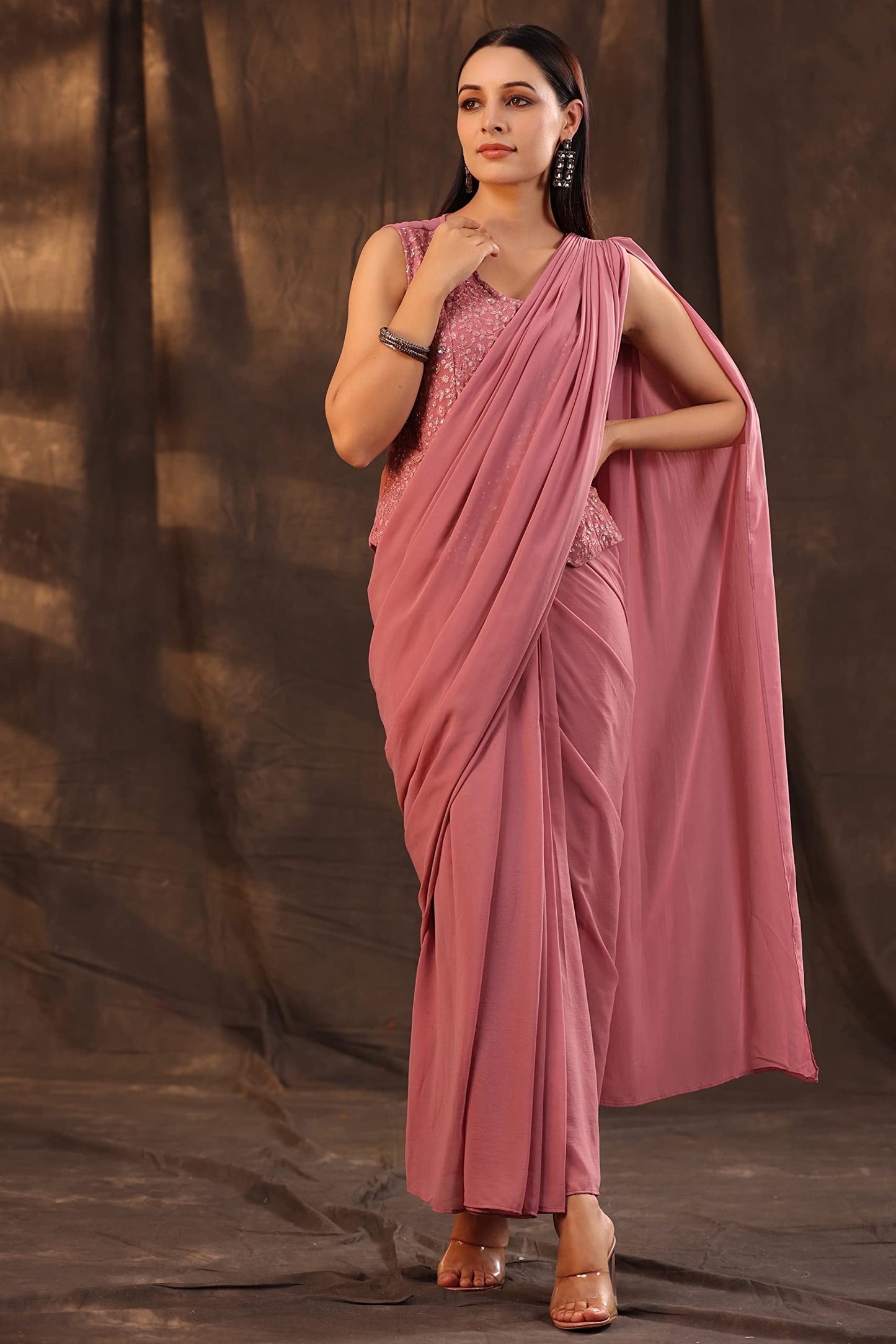 Juniper Women's Georgette Saree Style Dress (Rosegold, X-Small)