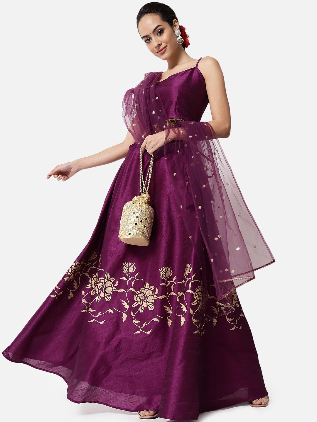 studio rasa Women's Dupion Hand Block Printed Bias Skirt for Wedding Festive (SKTC422RC12M_Purple_Medium)