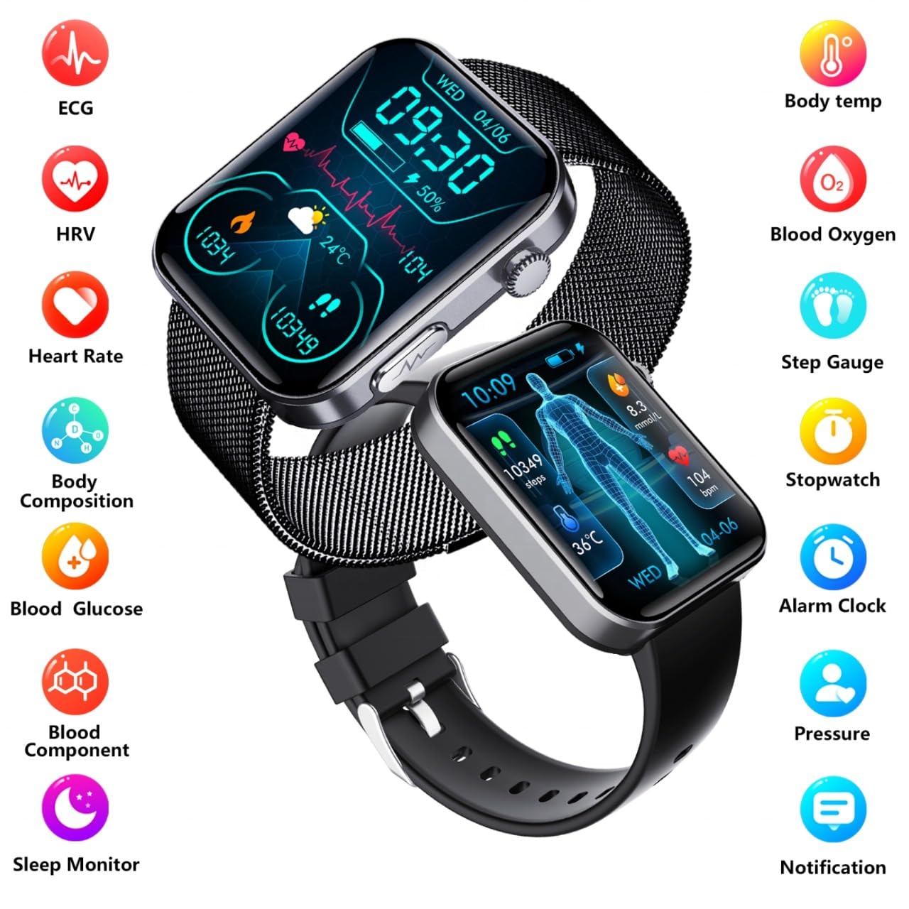F300 Health Smartwatch with Blood Sugar, Heart Rate, BP Monitor, 1.7-inch Touch Display, Fitness Tracking, Black