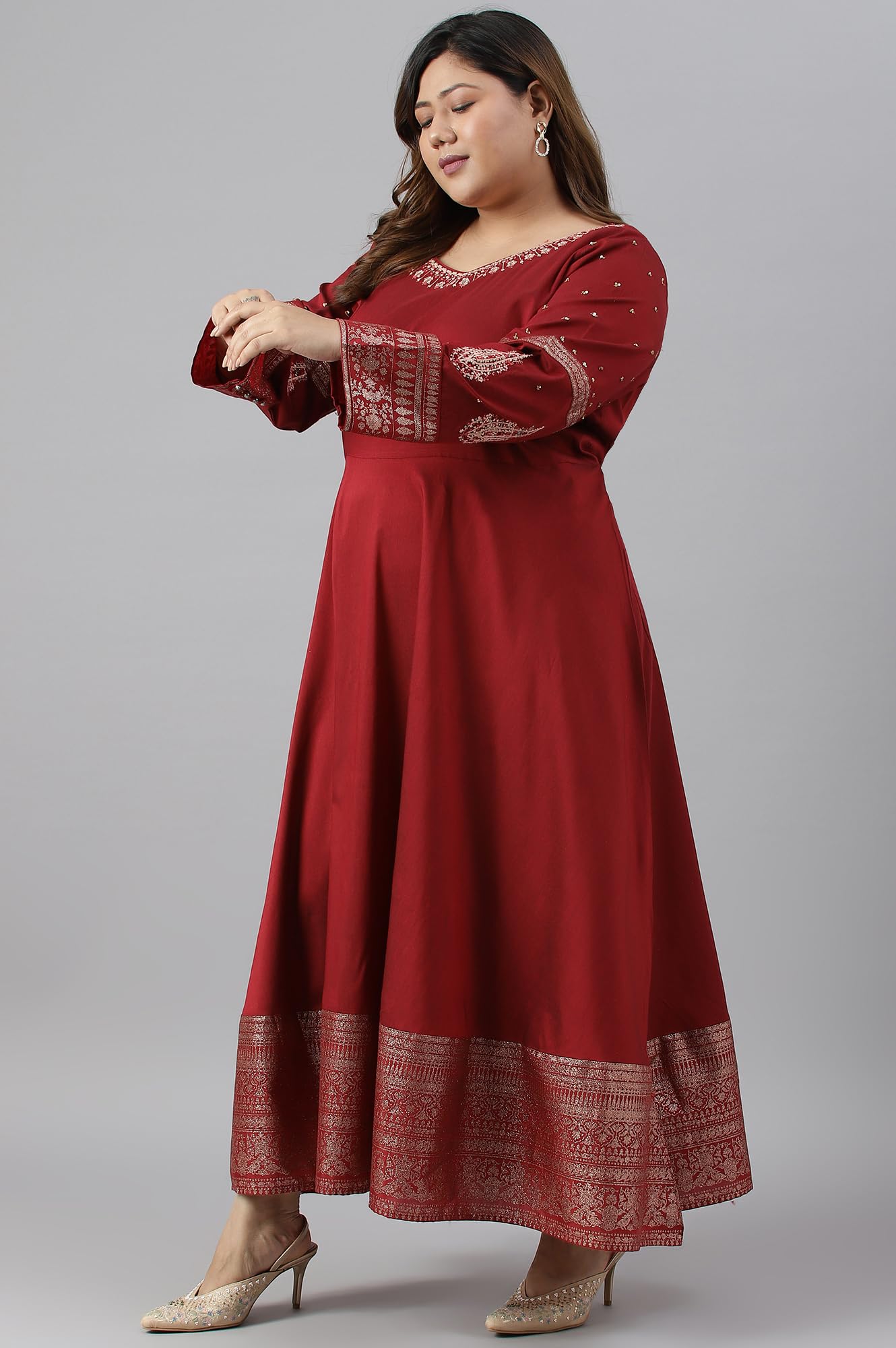 W for Woman Maroon Festive Plus Size Gown with Embroidery on Neck and Sleeves_22AUW18361G-217627_4XL
