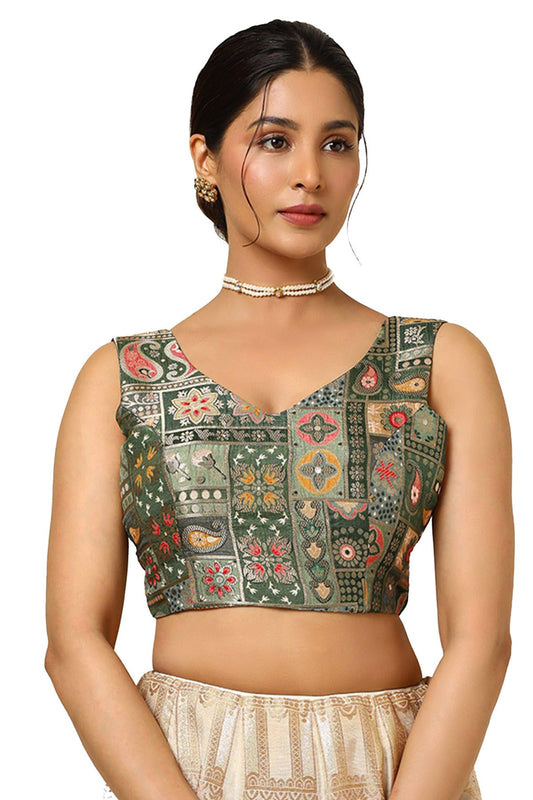 Soch Womens Olive Tussar Zari Woven Padded Blouse