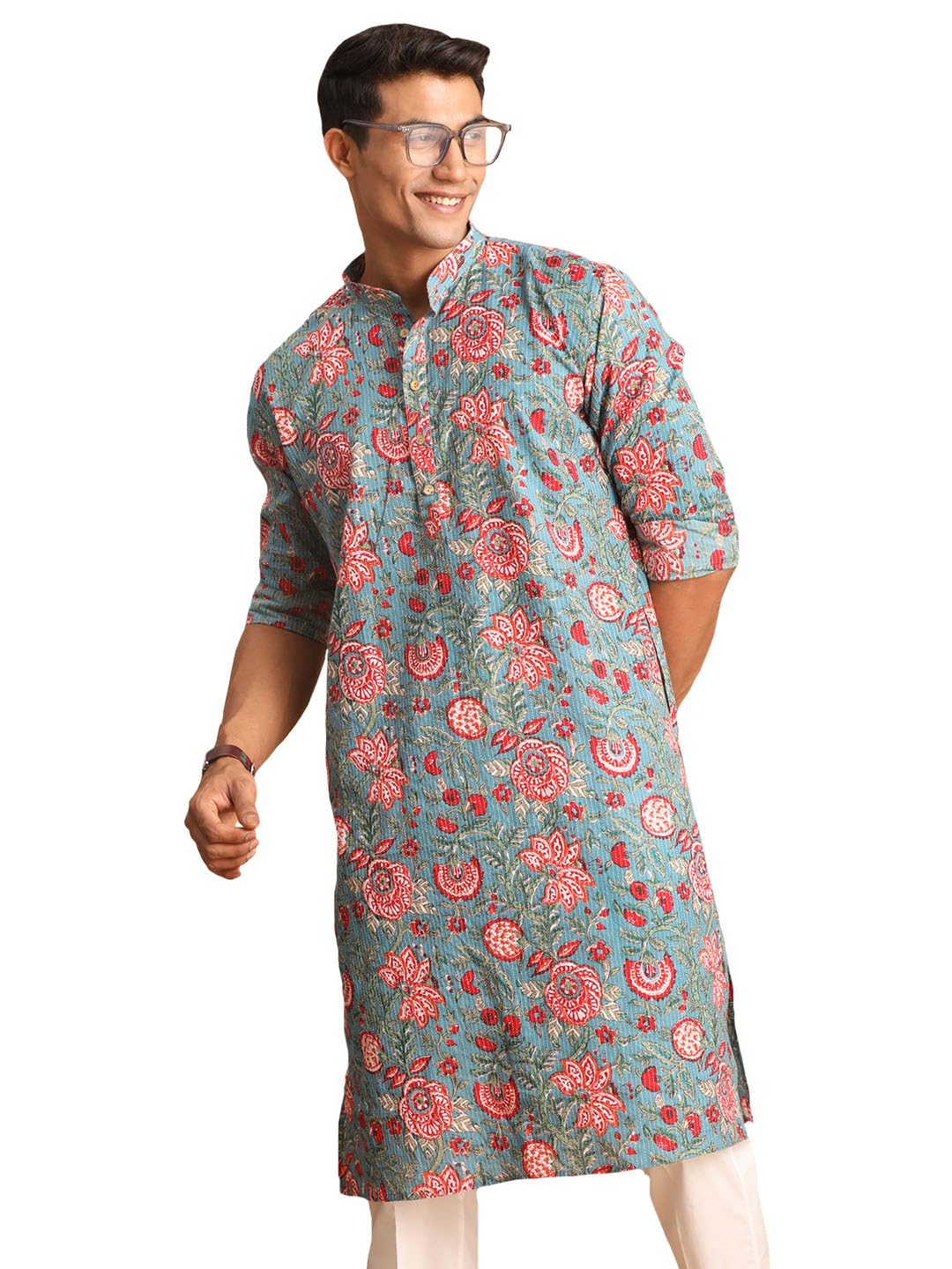 VASTRAMAY Men’s Cotton Regular Fit Regular Aqua Kurta | Elegant Ethnic Wear for Weddings & Festive Celebrations