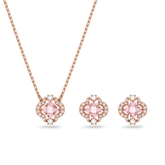 SWAROVSKI Women's Una Necklace And Earrings Set, Mixed Cuts, Clover, Pink, Rose Gold-Tone Plated