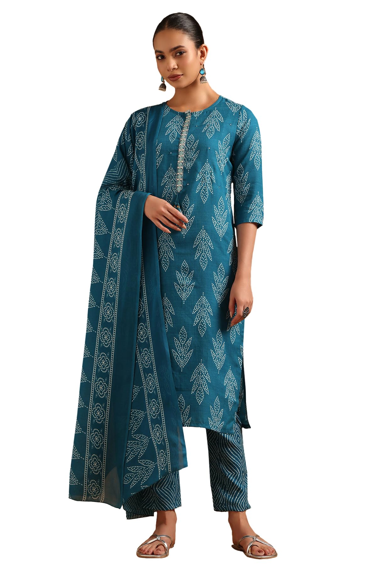 Soch Womens Teal Linen Blend Bandhani Salwar Suit With Faux Mirror And Sequins