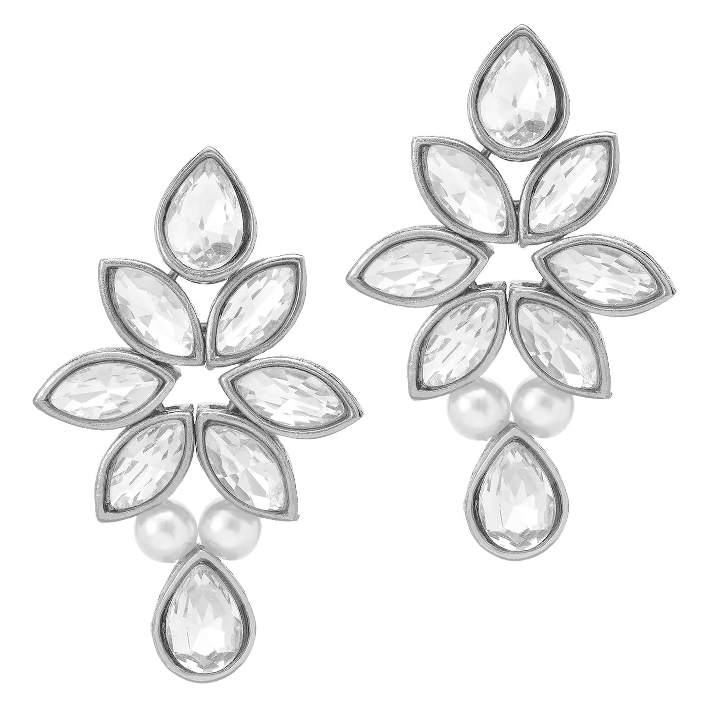 Peora Silver Plated Crystal & Beads Studded Necklace Earrings Maangtikka Set Ethnic Jewellery for Women