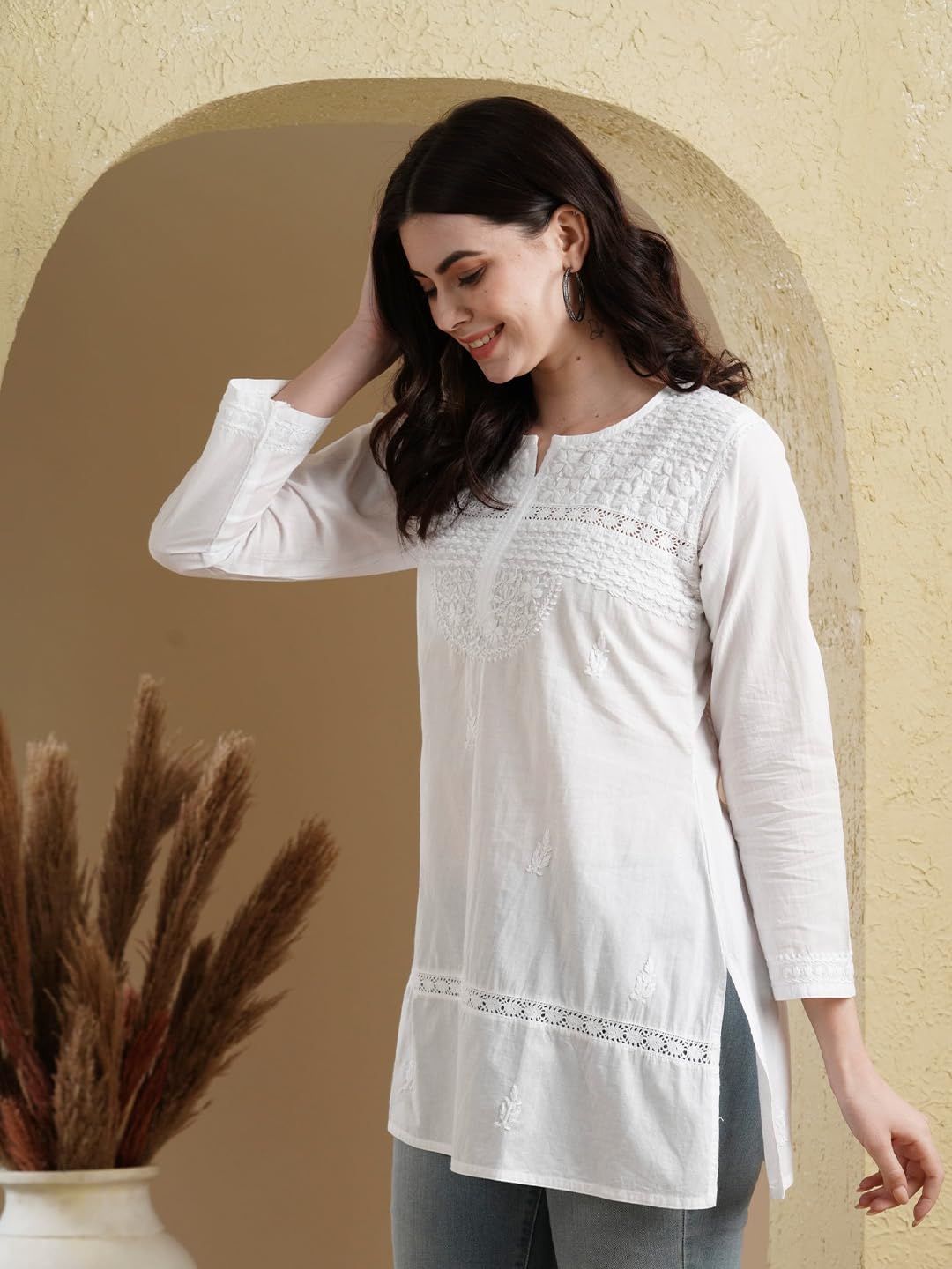 Ada Handmade Pure Cotton Lucknow Chikan Regular Fit Short Kurti for Women A100595 White (Medium)