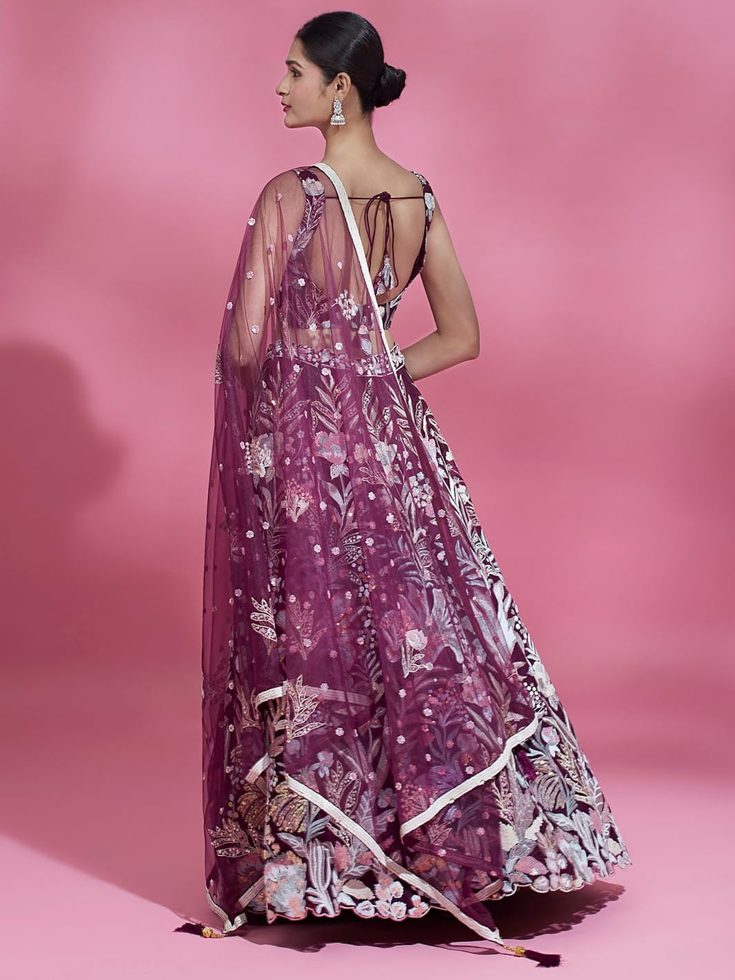 Zeel Clothing Women's Net Sequins Embroidered Soft Net Semi Stitched Lehenga Choli With Dupatta (6032-Wine-Wedding-Stylish-Lehenga-Choli-Latest; Free Size), Multicolor