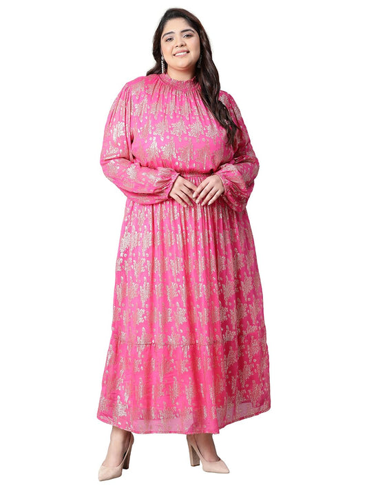 oxolloxo Women Plus Size Pink Round Neck Long Sleeve Elasticated Waist Golden Foil Print with Lining Dress