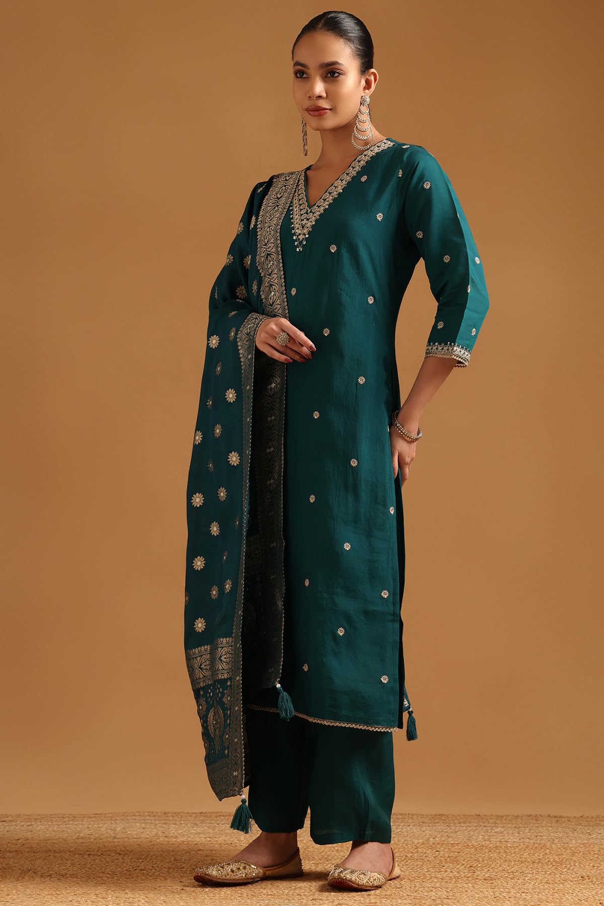 Soch Womens Green Russian Silk Floral Salwar Suit With Sequins