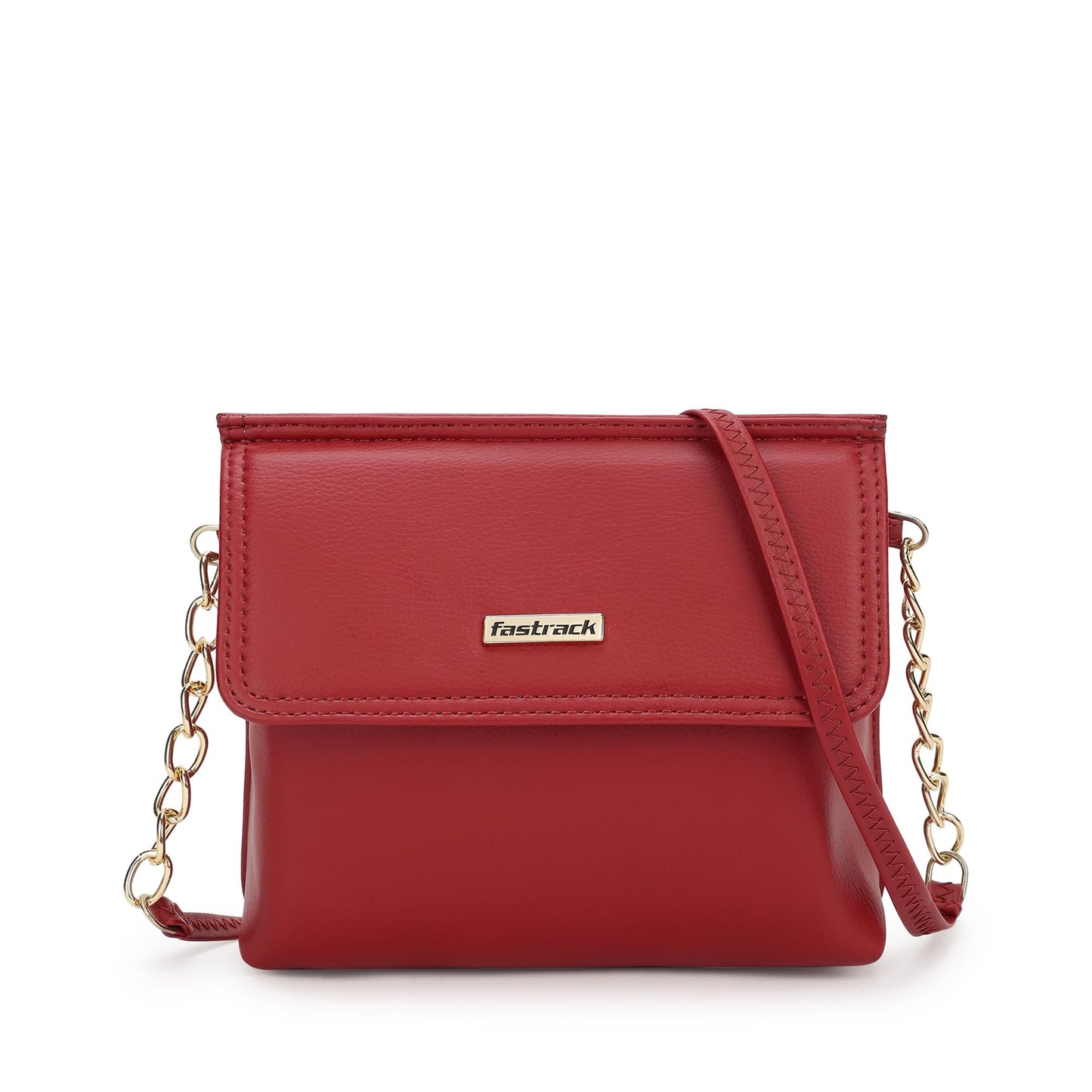 Fastrack Womens Chain Detail Sling Bag In Faux Leather With Flap & Button Lock-Stylish Crossbody With Metal Accents On Strap-Trendy Small Bag,Red