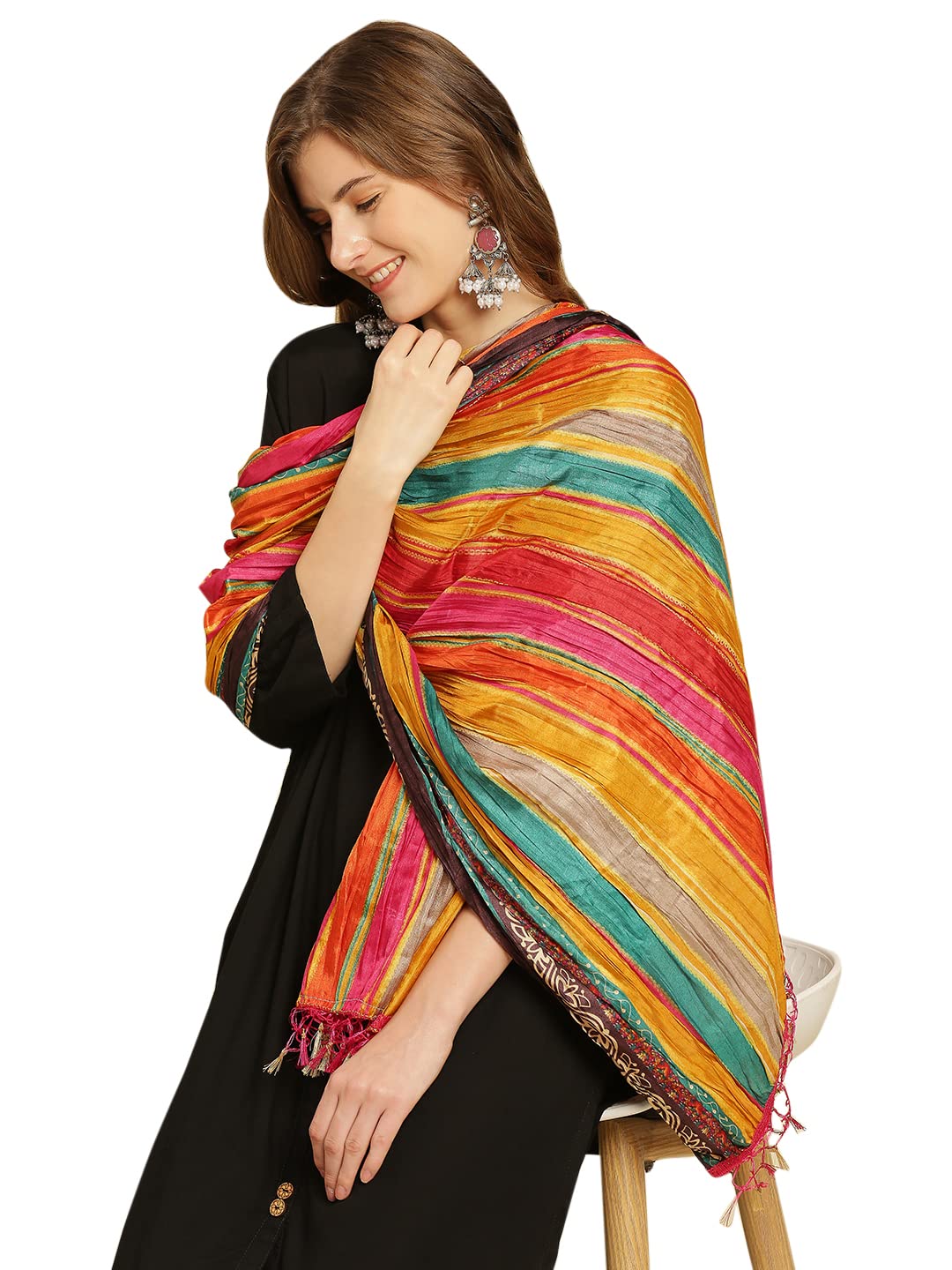 DUPATTA BAZAAR Women's Striped Print Multicoloured Art Silk Crushed Dupatta, Free Size