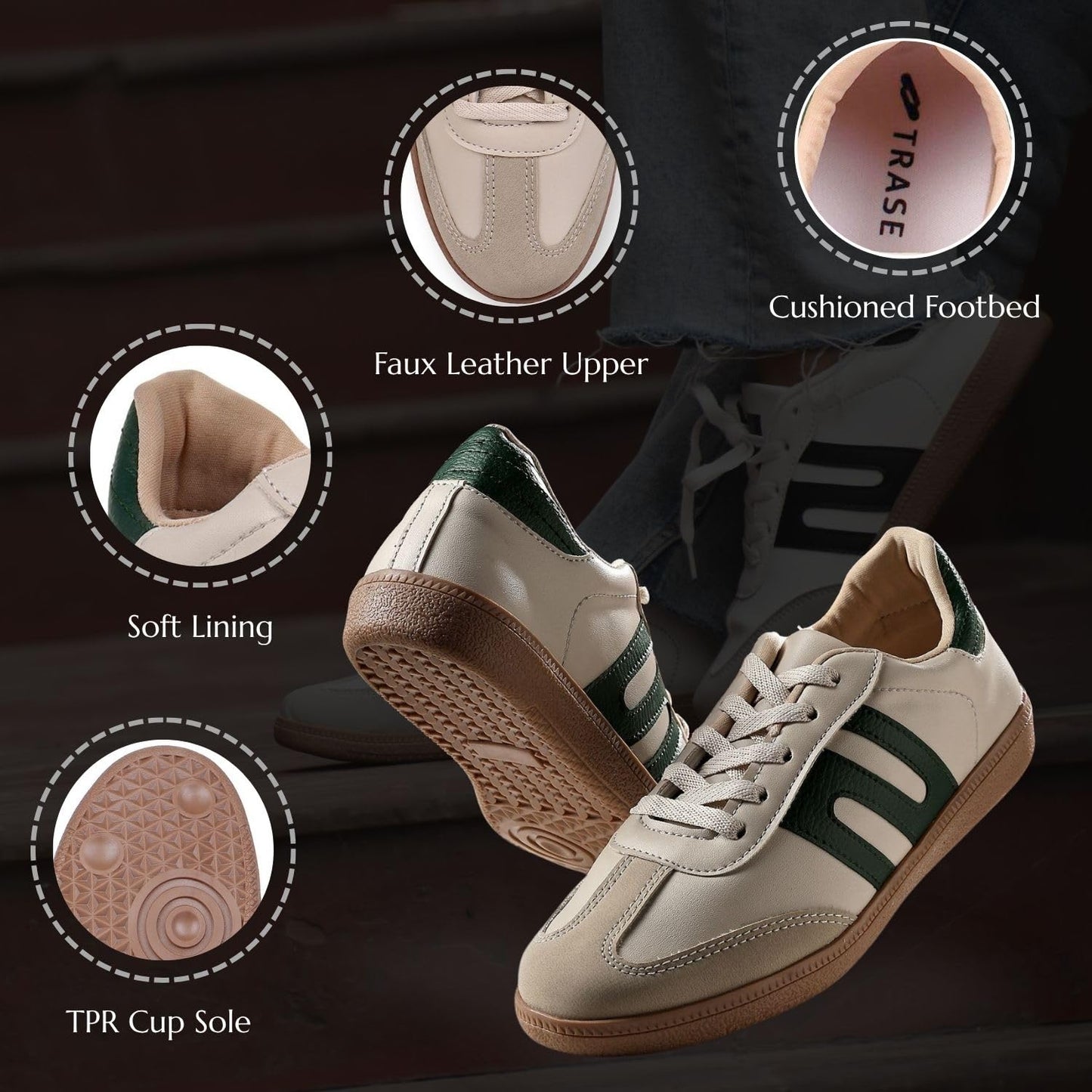 TRASE Casual Sneaker Shoes for Women | Soft Cushioned Insole | Sneakers for Woman | Lightweight | Comfortable | Stylish, Trendy Girls and Women Sneakers with Laces (Green-Cream, 4 UK)