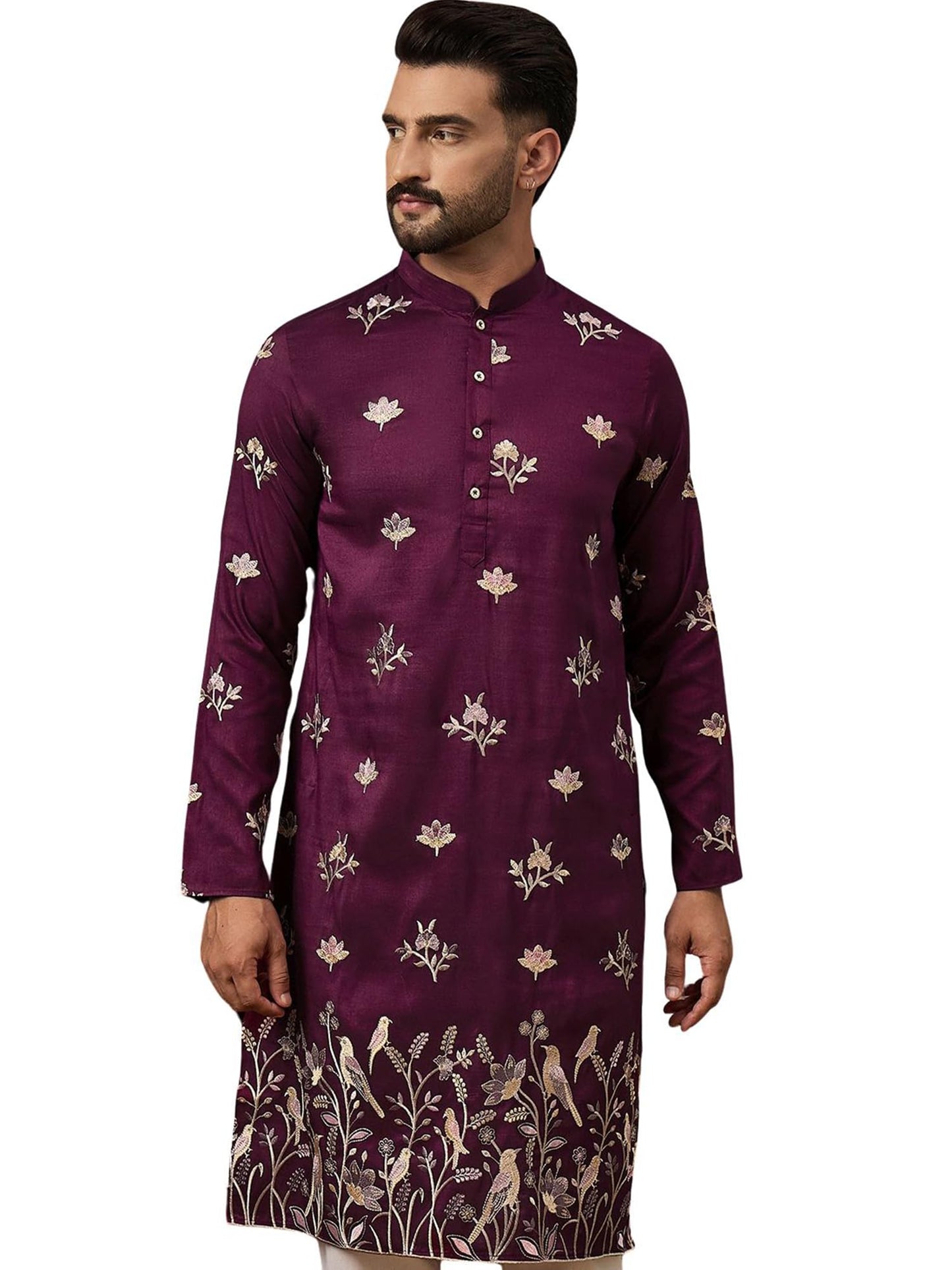 Ethnic Bay Men's Purple Silk Blend Solid Embroidered Calf Length Kurta's | Embroidered Kurta for Men | Straight Fit Kurtas for Mens (MKU1340, S)
