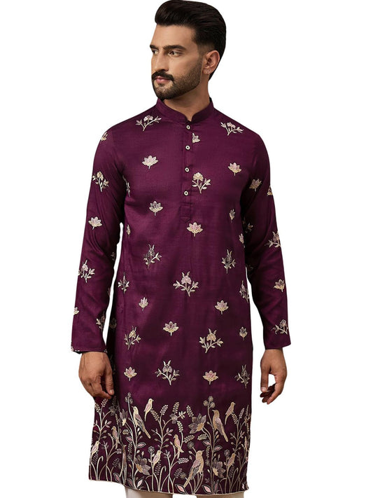 Ethnic Bay Men's Purple Silk Blend Solid Embroidered Calf Length Kurta's | Embroidered Kurta for Men | Straight Fit Kurtas for Mens (MKU1340, S)