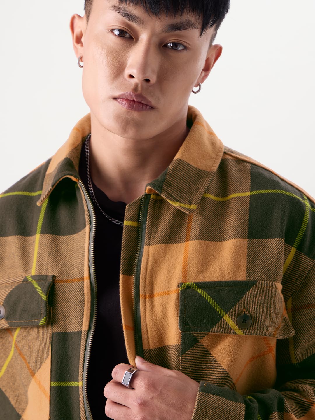 The Souled Store Ochre Vibes Men and Boys Long Sleeve Zipper Front Oversized Fit Cotton Flannel Shackets Men's Flannel Shirt Winter Plaid Thick Jackets Shackets for Men Outerwear Layering Shirts