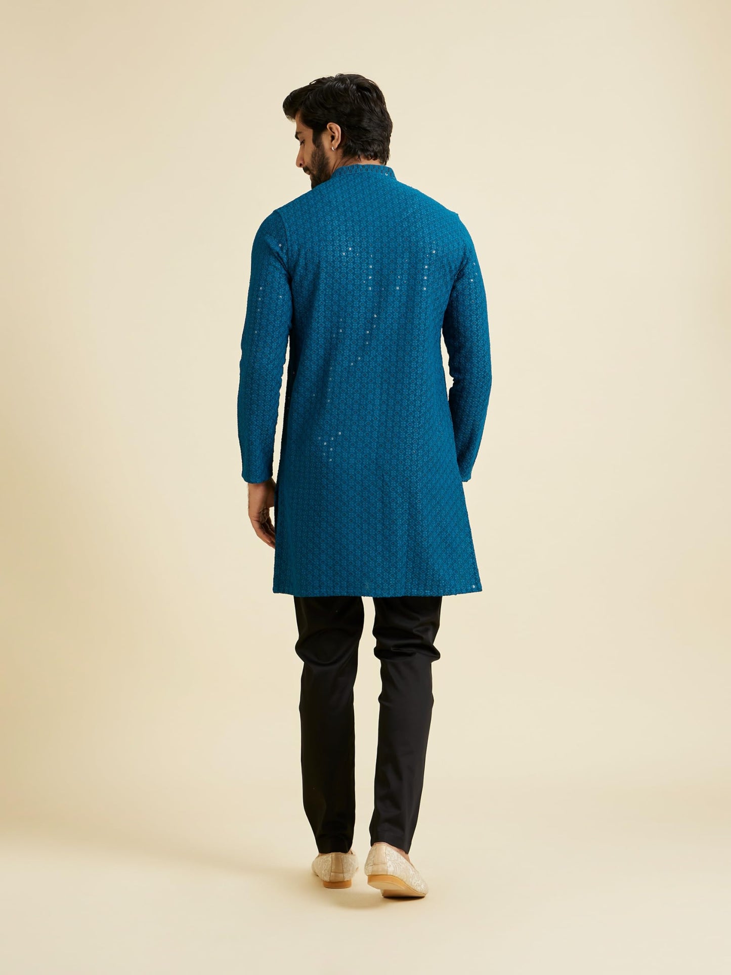Manyavar Men's Viscose Chikankari Sequinned Kurta Trouser Set(Teal Blue,M)