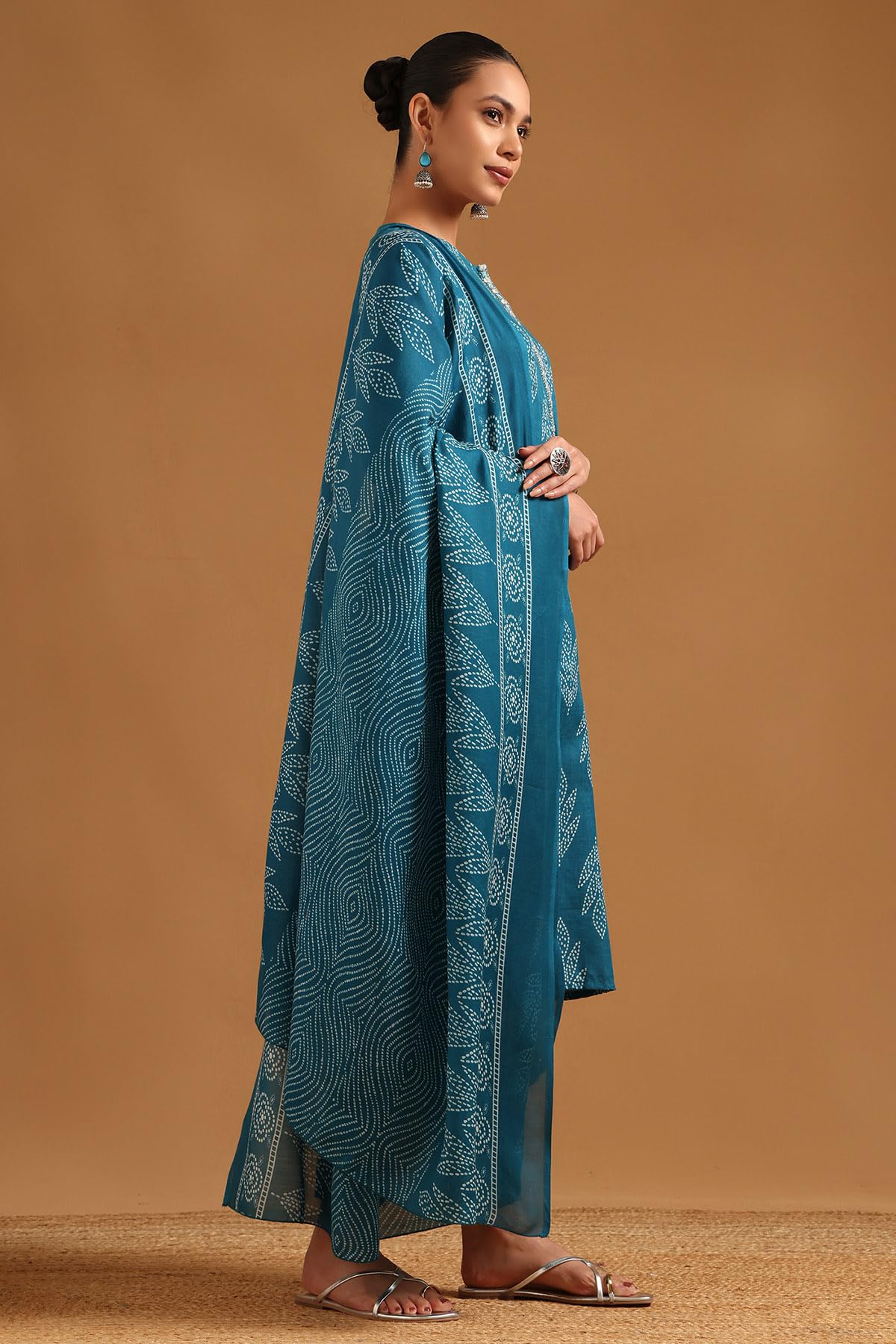 Soch Womens Teal Linen Blend Bandhani Salwar Suit With Faux Mirror And Sequins