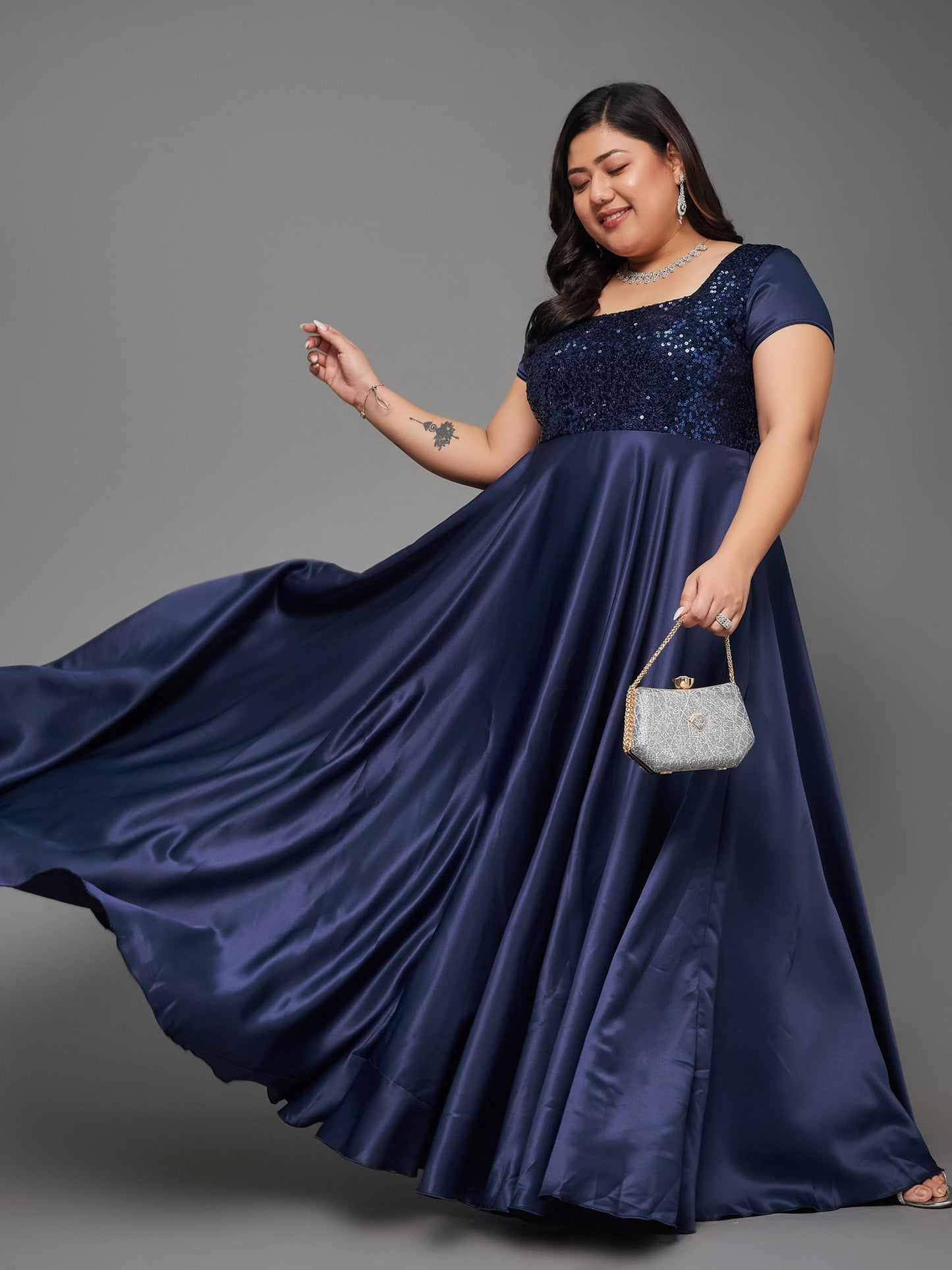 Miss Chase A+ Women's Square Neck Short Sleeve Embellished Polyester Fit & Flare Maxi Dress with Pockets (APSS23D06-60-71-06, Navy Blue, XL)