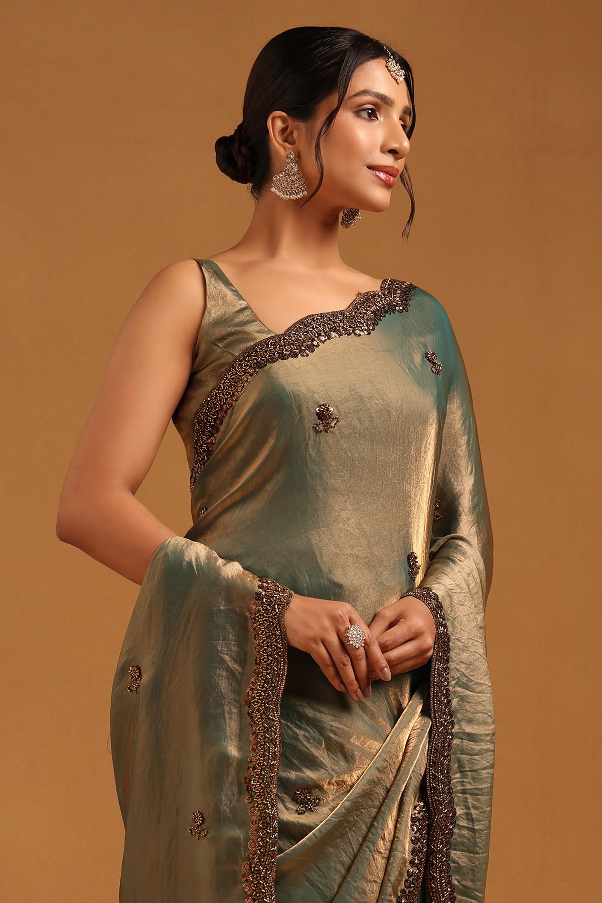 Soch Womens Teal Fendy Organza Floral Saree With Cutdana