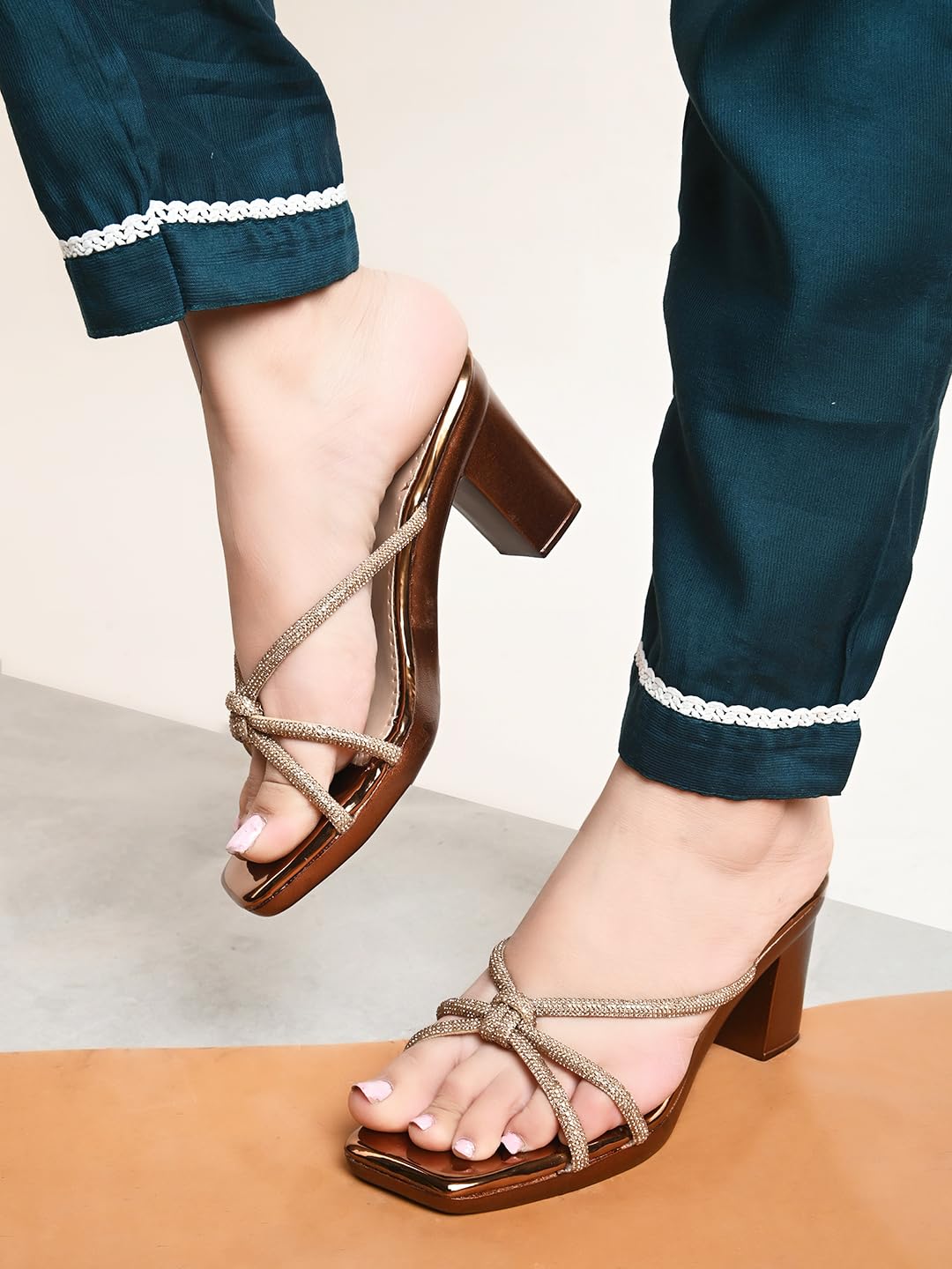 XE Looks Women's Copper Block Heels | Elegant Knotted Braided Straps | Stylish & Comfortable Heels | Fashionable Block Heels For Girls & Women