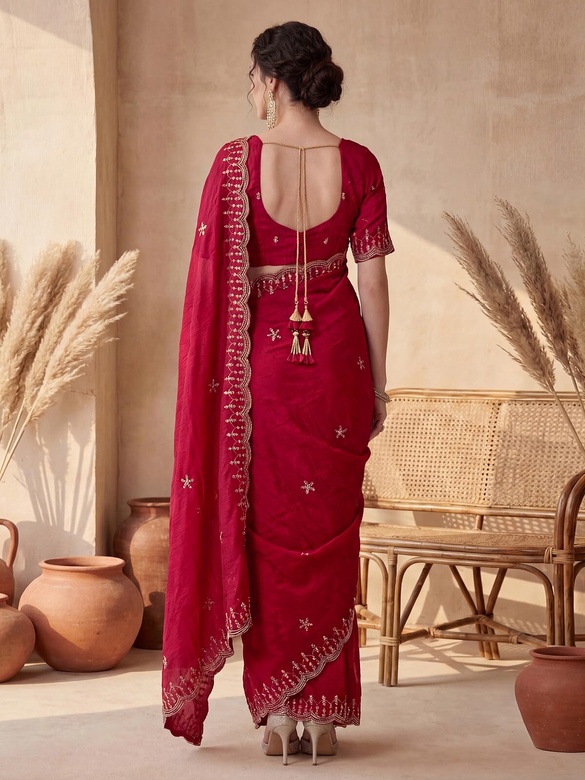 SIRIL Women's Crush Satin Scalloped Border Embellished Sequins Embroidery Saree with Unstitched Blouse Piece (4995S1162A_Red)