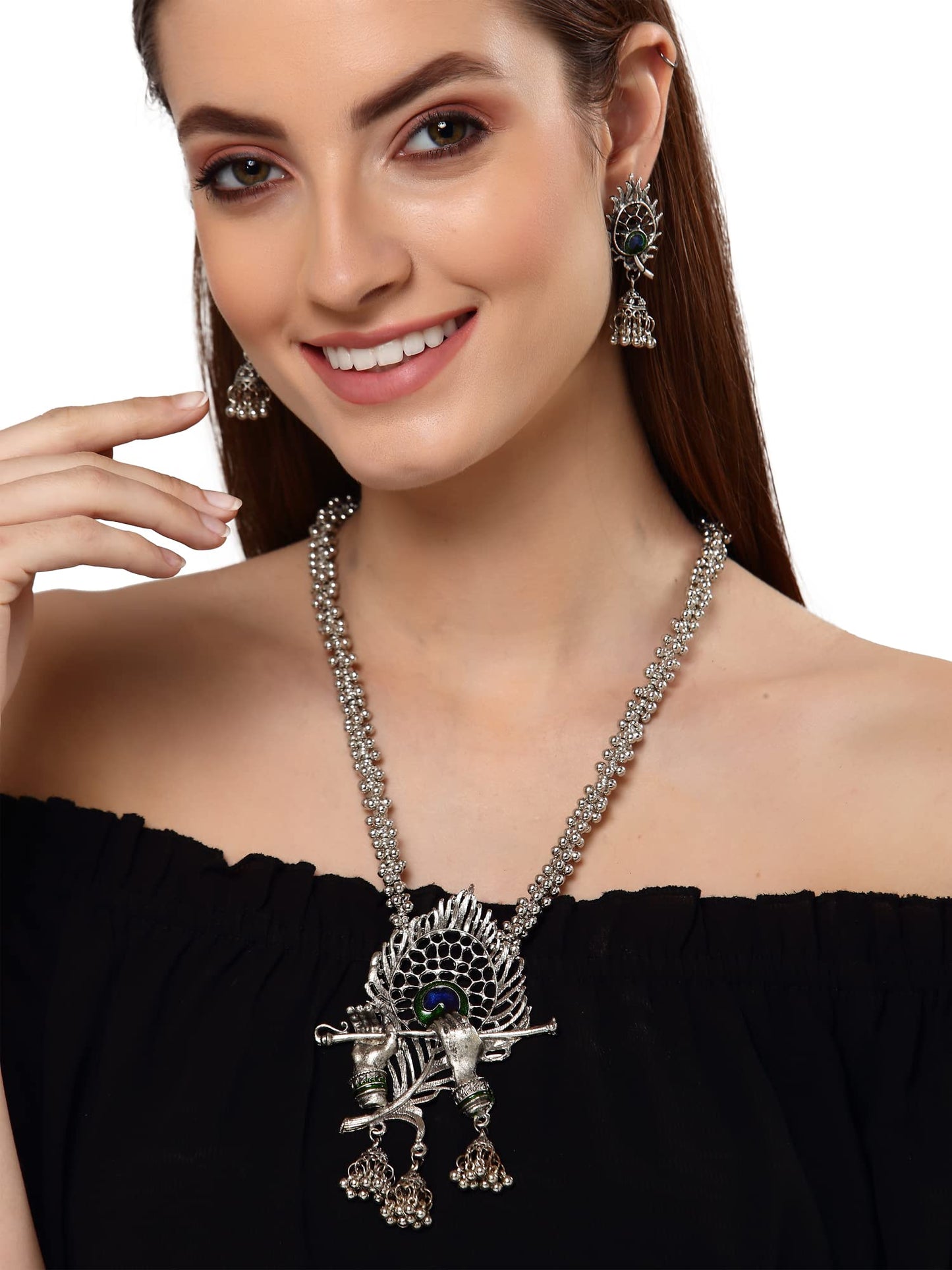 Shining Diva Fashion Latest Stylish Design Fancy Traditional Oxidised Silver Necklace Jewellery Set for Women (13165s)