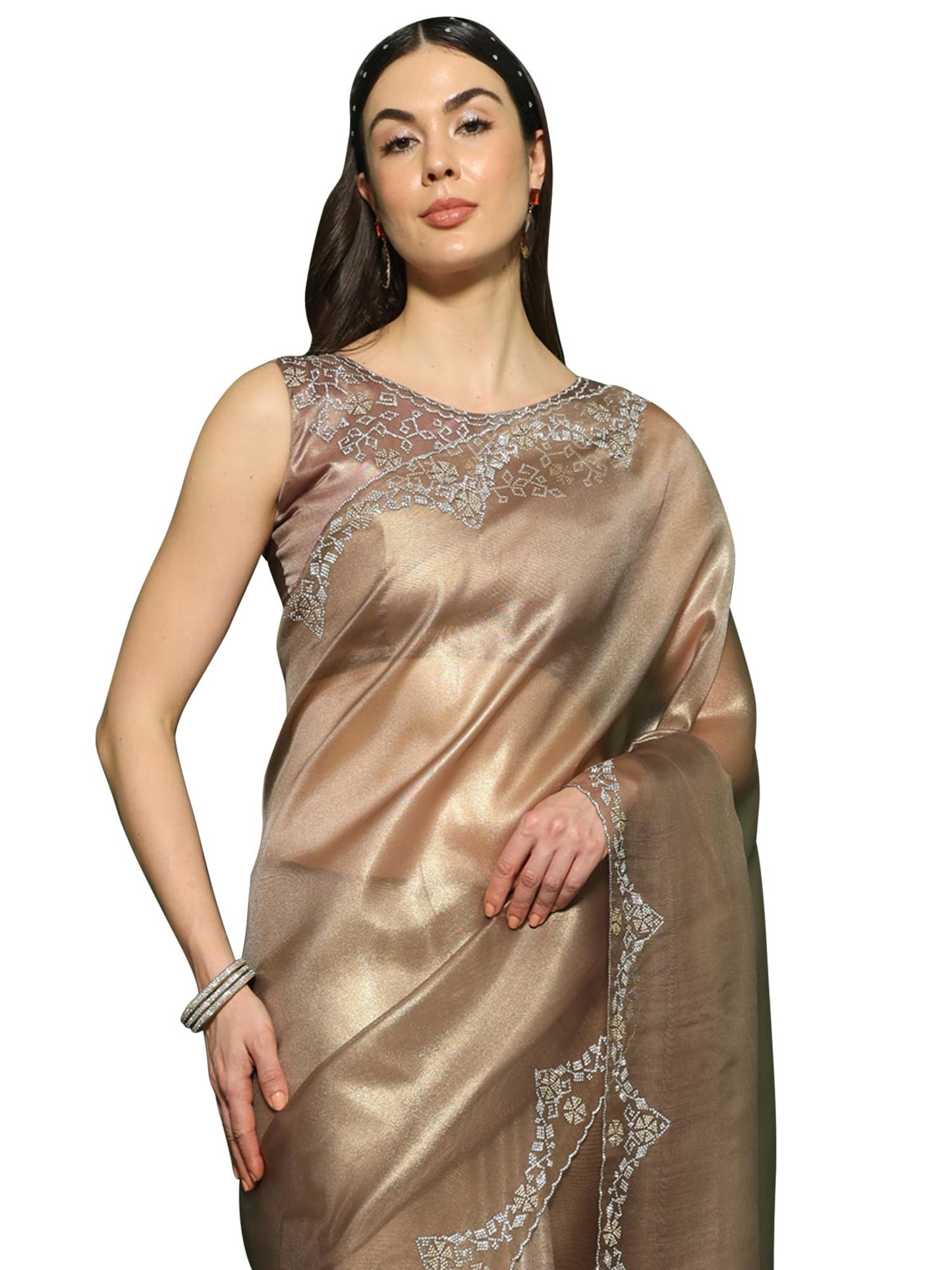 SAREE MALL Women's Organza Solid Saree With Unstitched Blouse Piece(Bronze_FF0MAHEK763B_MK)