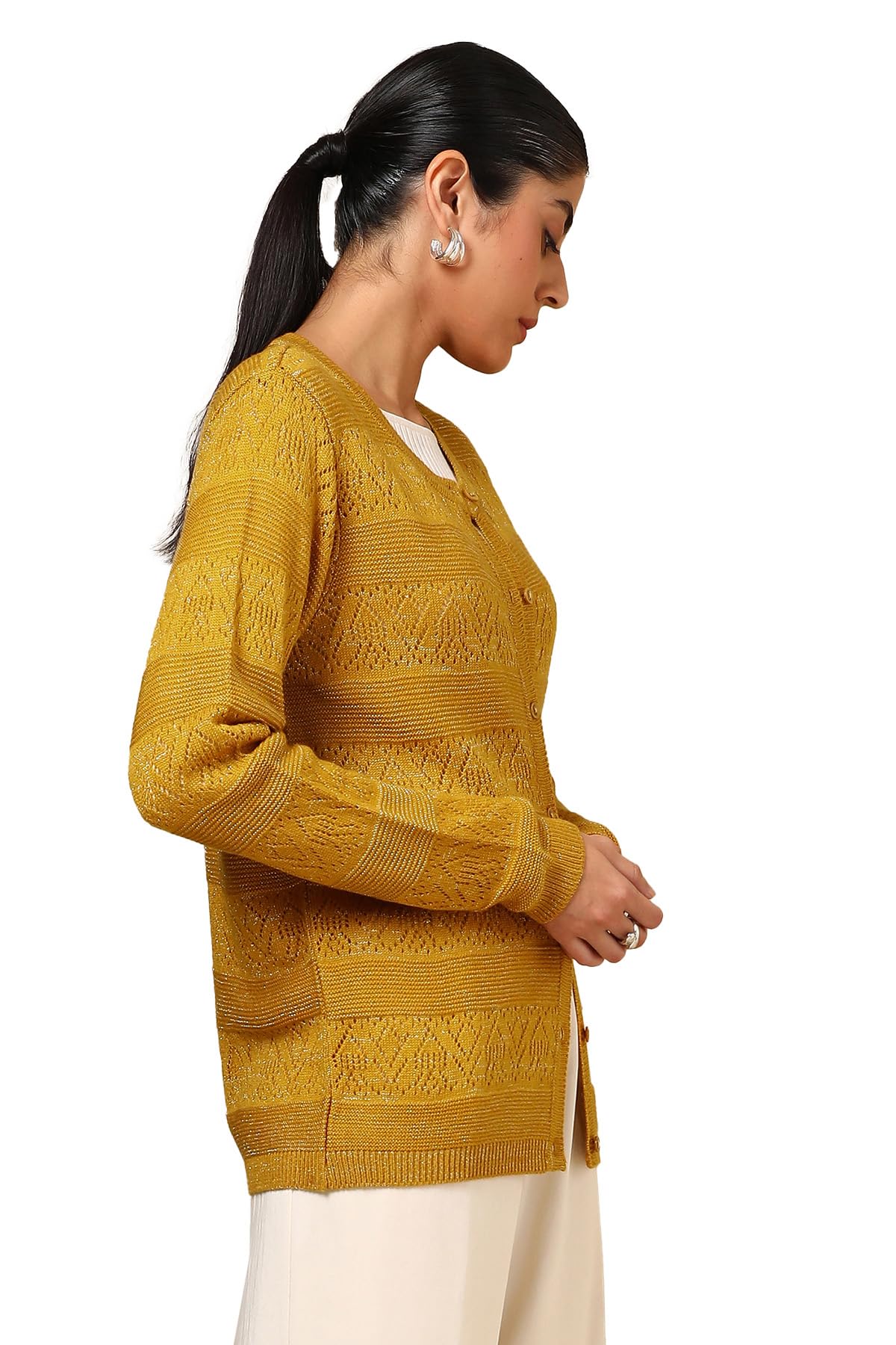 Soch Womens Mustard Acrylic Crochet Cardigan