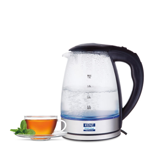 KENT Elegant Electric Glass Kettle (16052), 1.8L, Stainless Steel Heating Plate, Borosilicate Glass Body, Boil Drying Protection