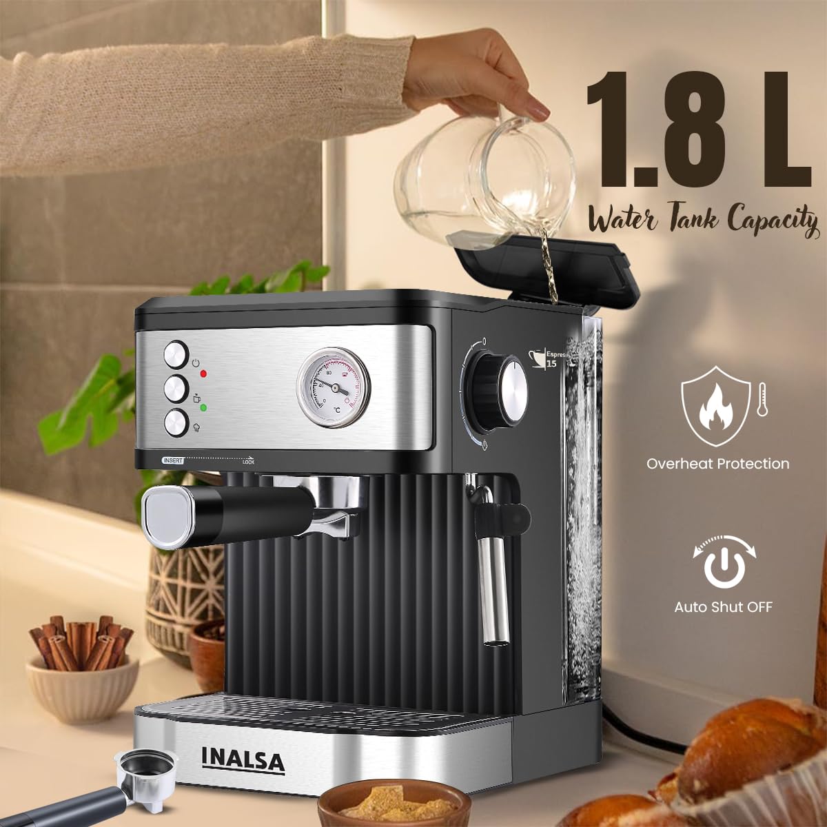 Inalsa Espresso Coffee Machine for Home, Office|15 Bar Pressure|NTC Visible temperature Control Technology With Milk Frother|Double Shot System|3in1- Espresso, Cappuccino & Latte (Espressimo 15)