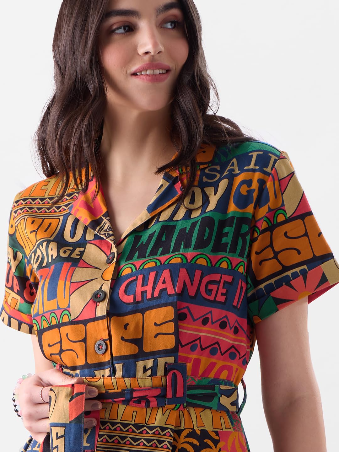 The Souled Store Traveller Women and Girls Short Sleeves Collared Neck Button Front Multicolor All Over Printed Cotton Mini Playsuits