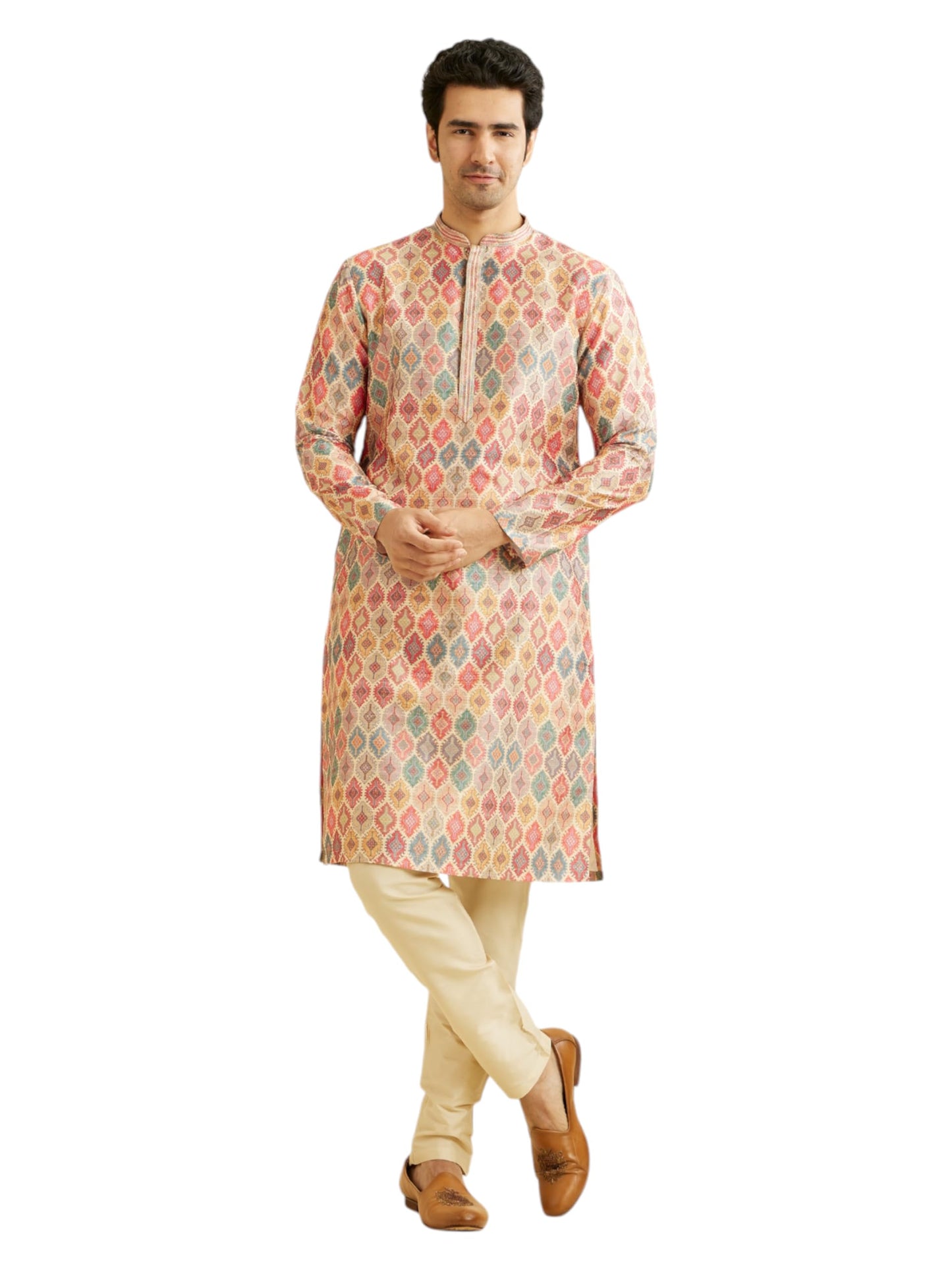 Manyavar Men's Art Silk Printed Kurta Pyjama Set (Beige,XXL)