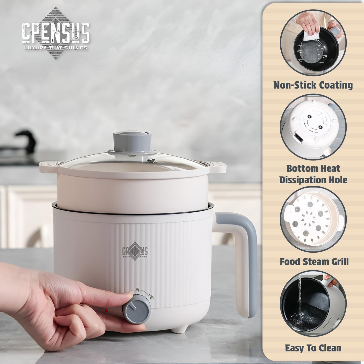 CPENSUS Mini multipurpose electric kettle with steamer 1.2 Liters inner pot Non-stick hotpot cooker for cooking hot water rice idli momos tea 600W Portable Travel