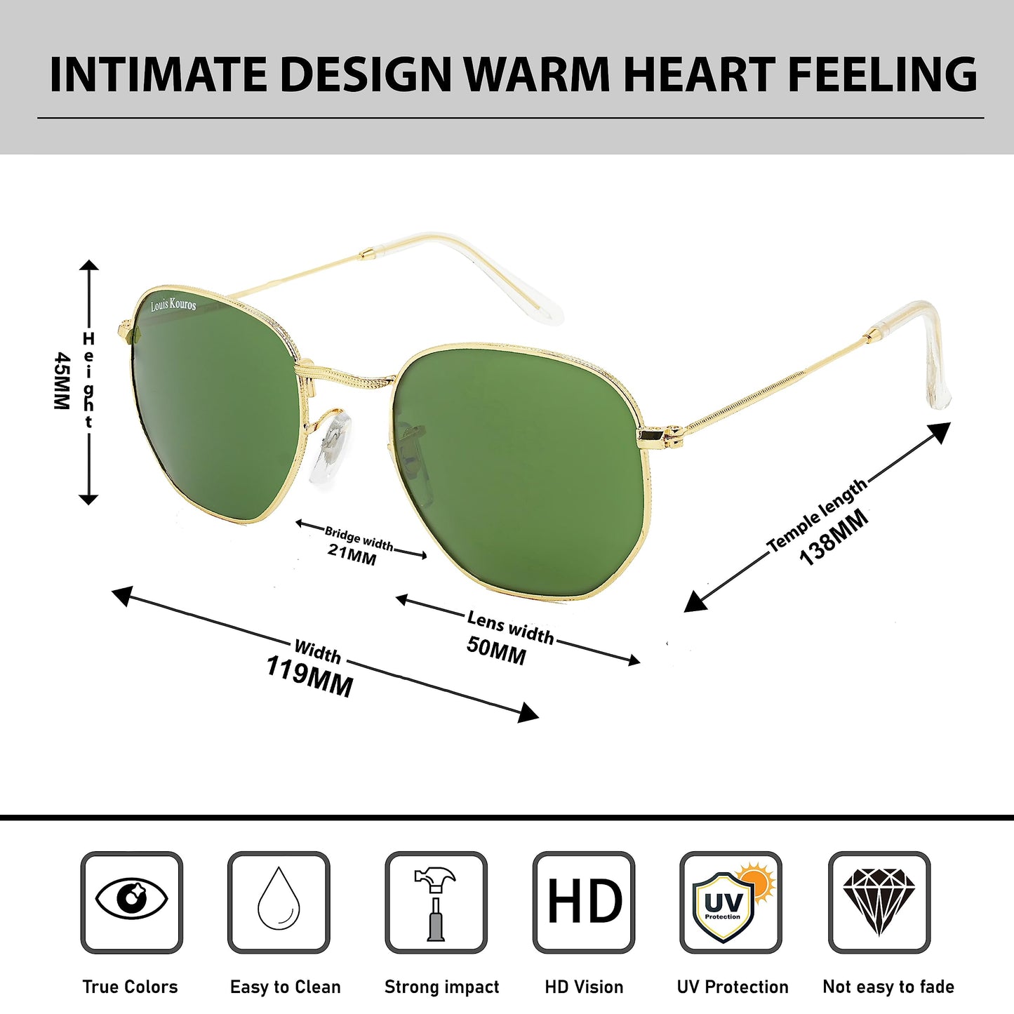 Louis Kouros Tarth Hexagonal Classic 3548 sunglasses | Gold Frame | Green Lens | Mirror Lens | 400 UV Protection | For Men & Women | Medium