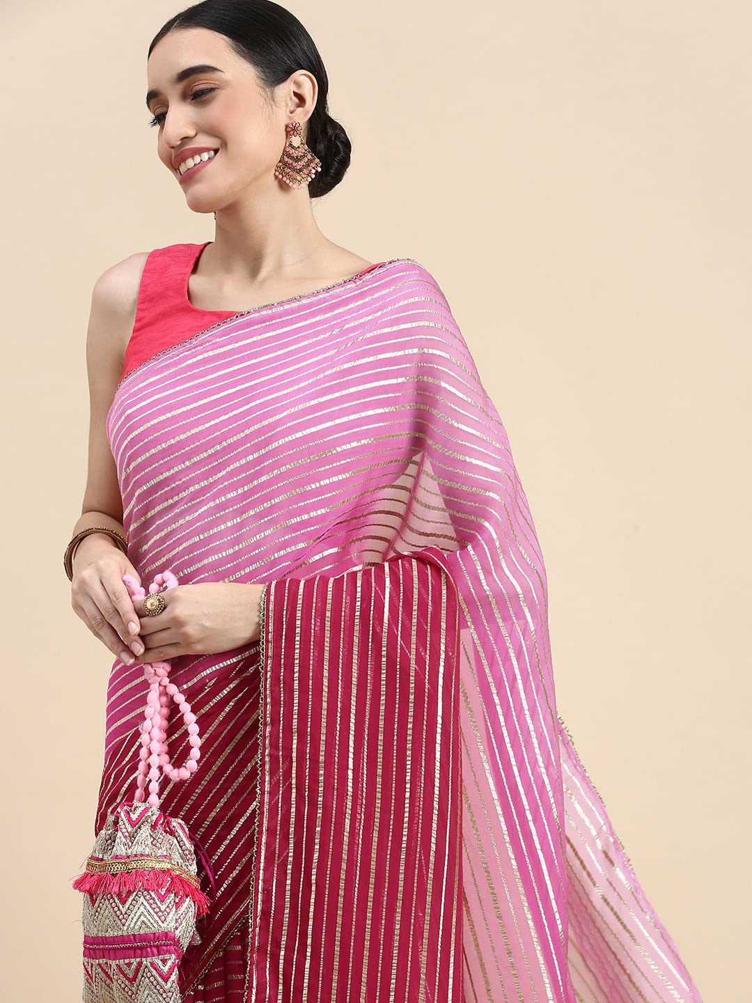 MOHEY Saree, All Over Jaal, Bordered Saree with Blouse Piece Georgette Weaved Saree (Pink)