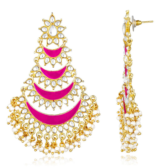 Peora Gold Plated Rani Pink Kundan & Lariya Studded Dangle Earrings Ethnic Jewellery for Women