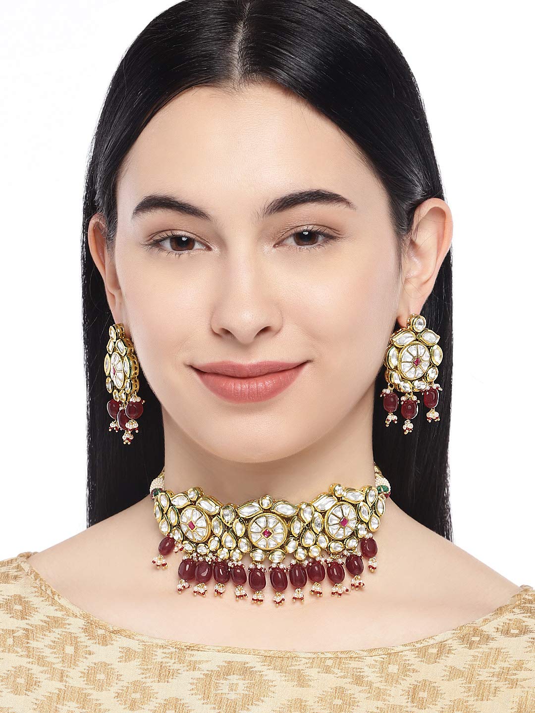 ACCESSHER Gold Plated Traditional Handcrafted Vilandi Kundan and Glass Beads Embellished Necklace Set with Statement Earrings for Women and Girls