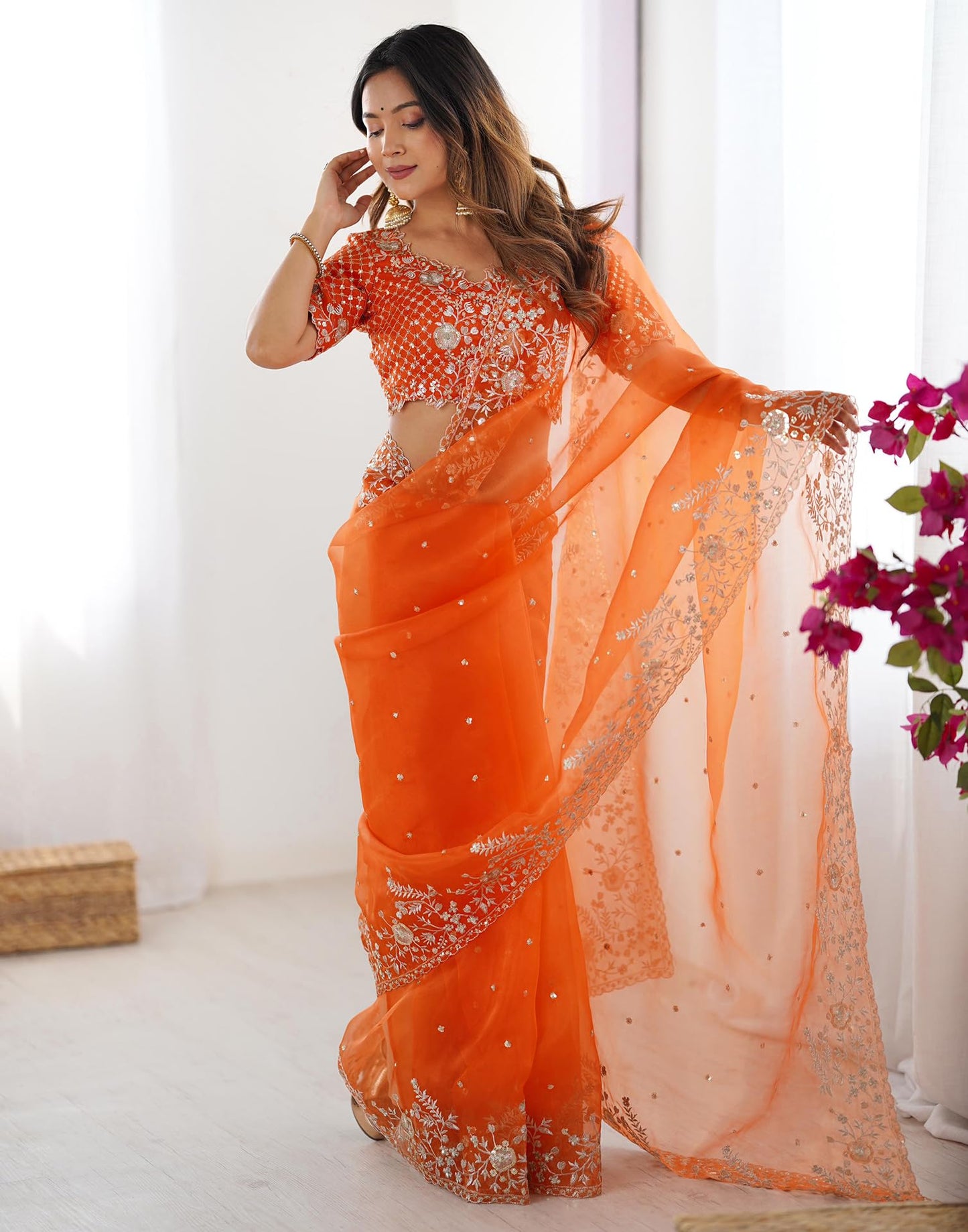 SIRIL Women's Organza Sequence Embroidery Saree With Unstitched Blouse Piece (4472S116_Orange)