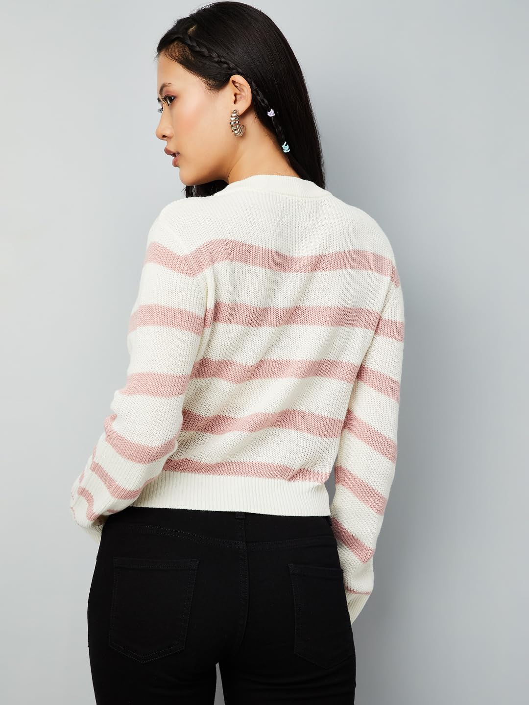 Max Women Striped Sweater (Off White_L)
