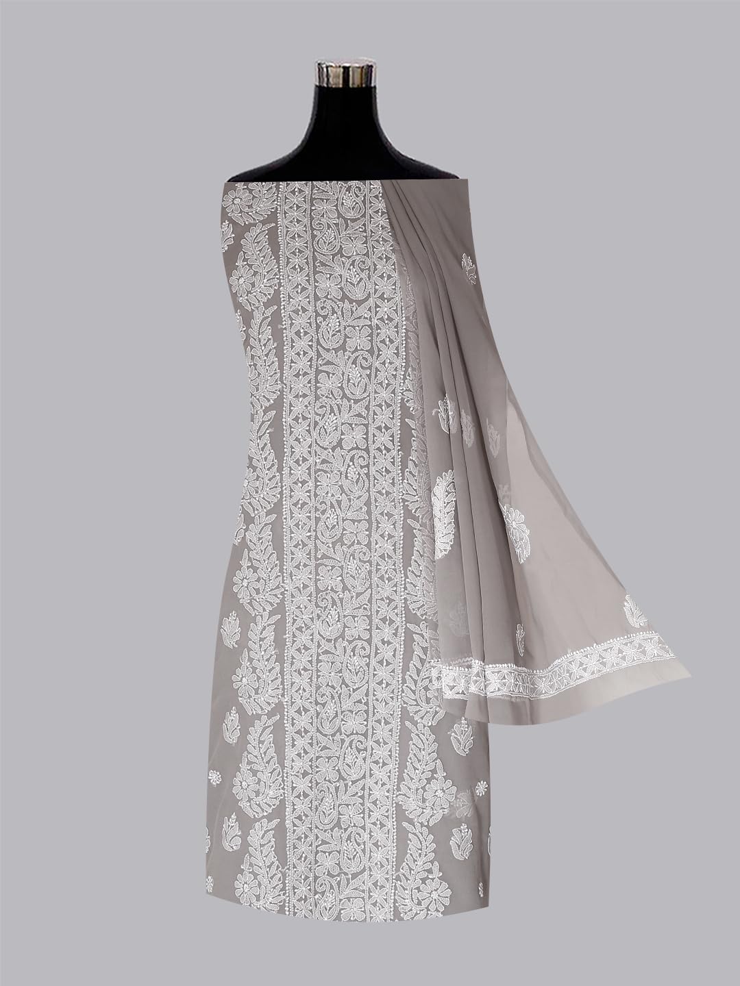 Ada Hand Embroidered Lucknowi Chikankari Unstitched Georgette Dress Material Salwar Suit with Dupatta for Women A211292 Fossil Grey