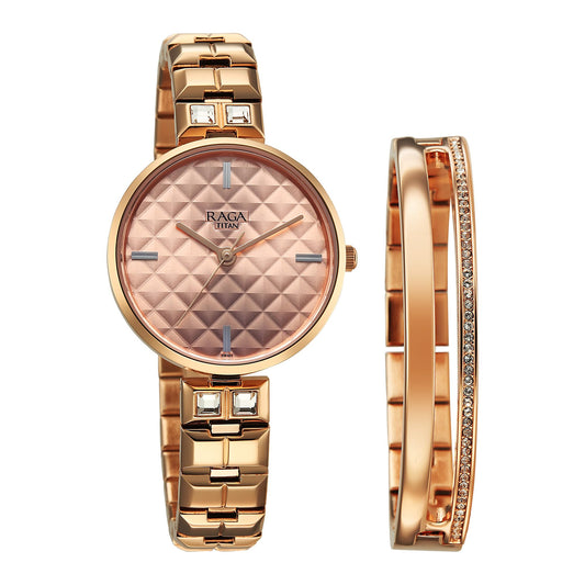 Titan Raga Contempore Quartz Rose Gold Round Dial Men's Watch | Brass Solid Link Strap Material | Watches for Man | Watches for Men Analog - 2775WM01F